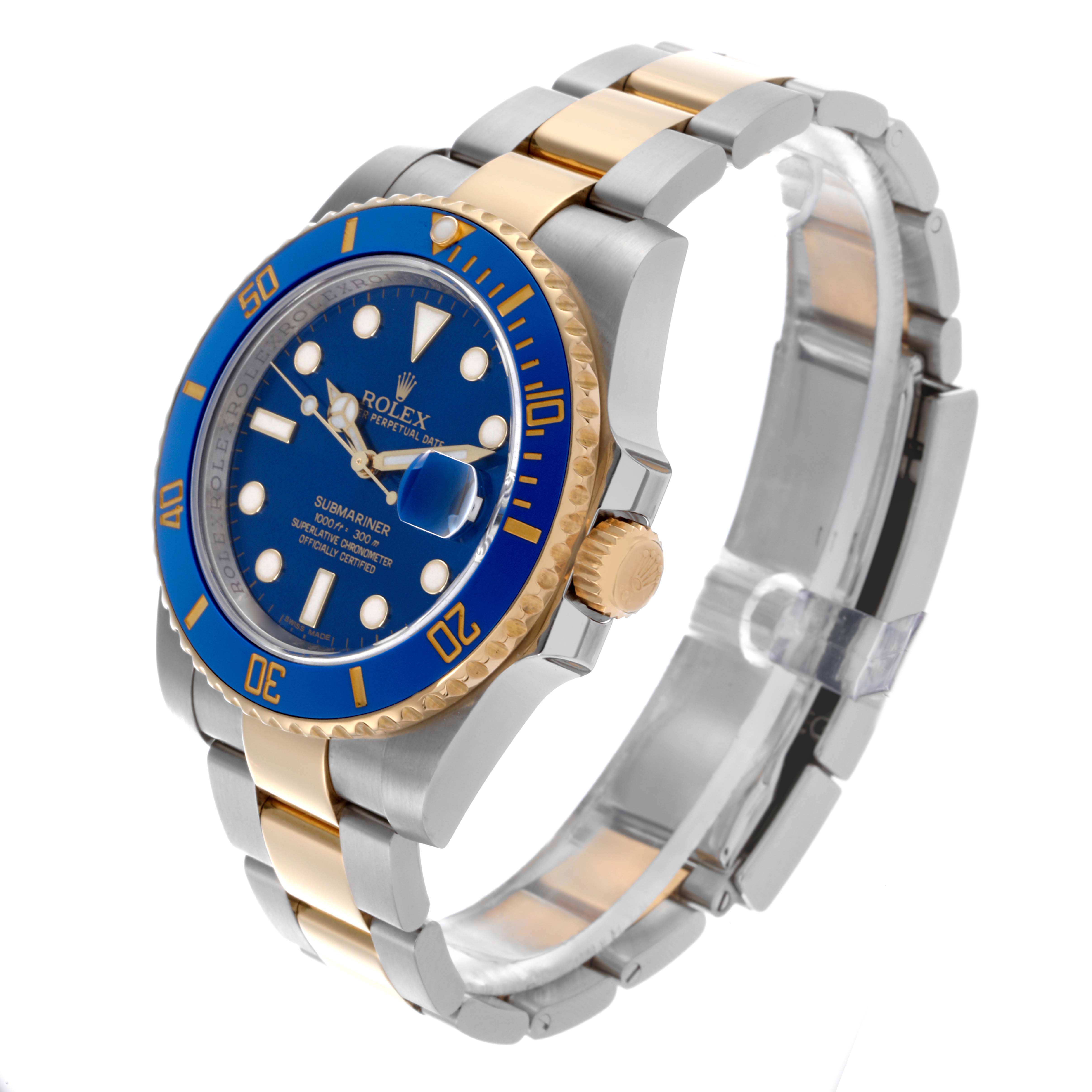 The Rolex Submariner 116613LB Men's Steel and Gold (two tone) Blue Dial 116613LB Men's Steel and Gold (two tone) Blue Dial watch is shown at a 3/4 angle, highlighting the blue bezel, face, gold accents, and bracelet.