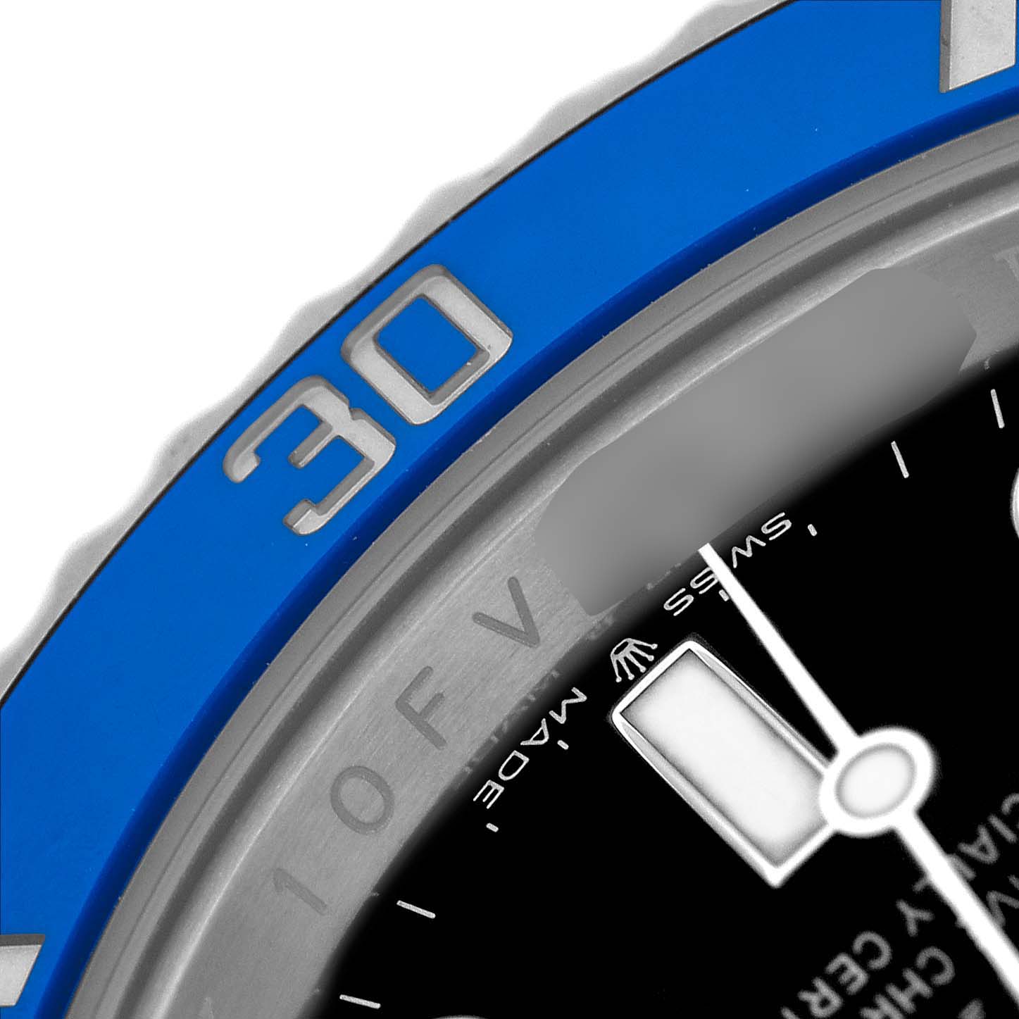The image shows a close-up of the bezel and part of the dial of a Rolex Submariner 126619 Men's White Gold Black Dial, highlighting the "30" marker.