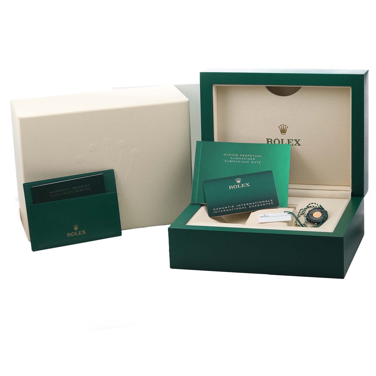 The image shows a Rolex Submariner 126619 Men's White Gold Black Dial watch box, warranty card, booklet, and seal from a front angle.