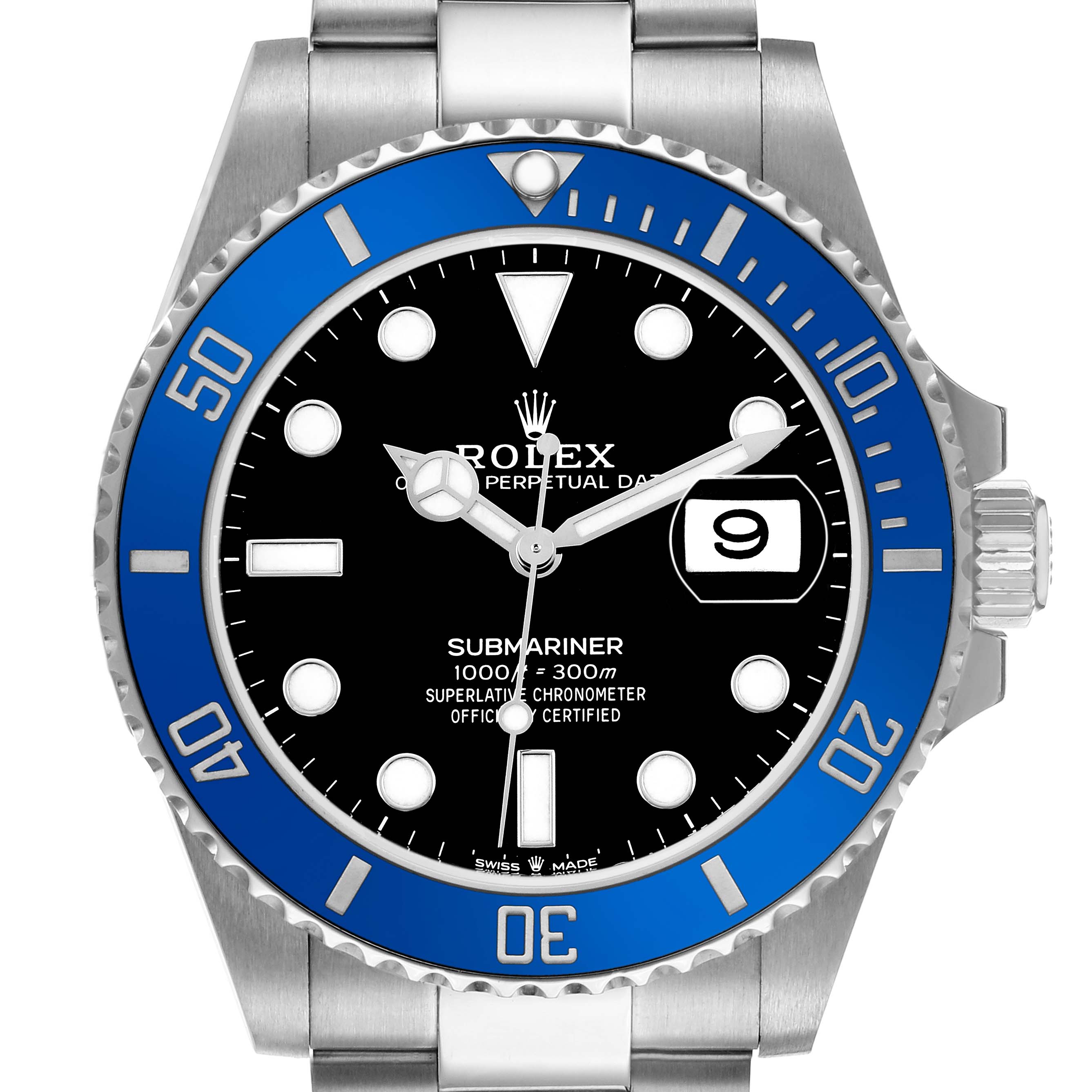 The Rolex Submariner 126619 Men's White Gold Black Dial watch is shown from the front, displaying the bezel, dial, hands, indexes, and date window.