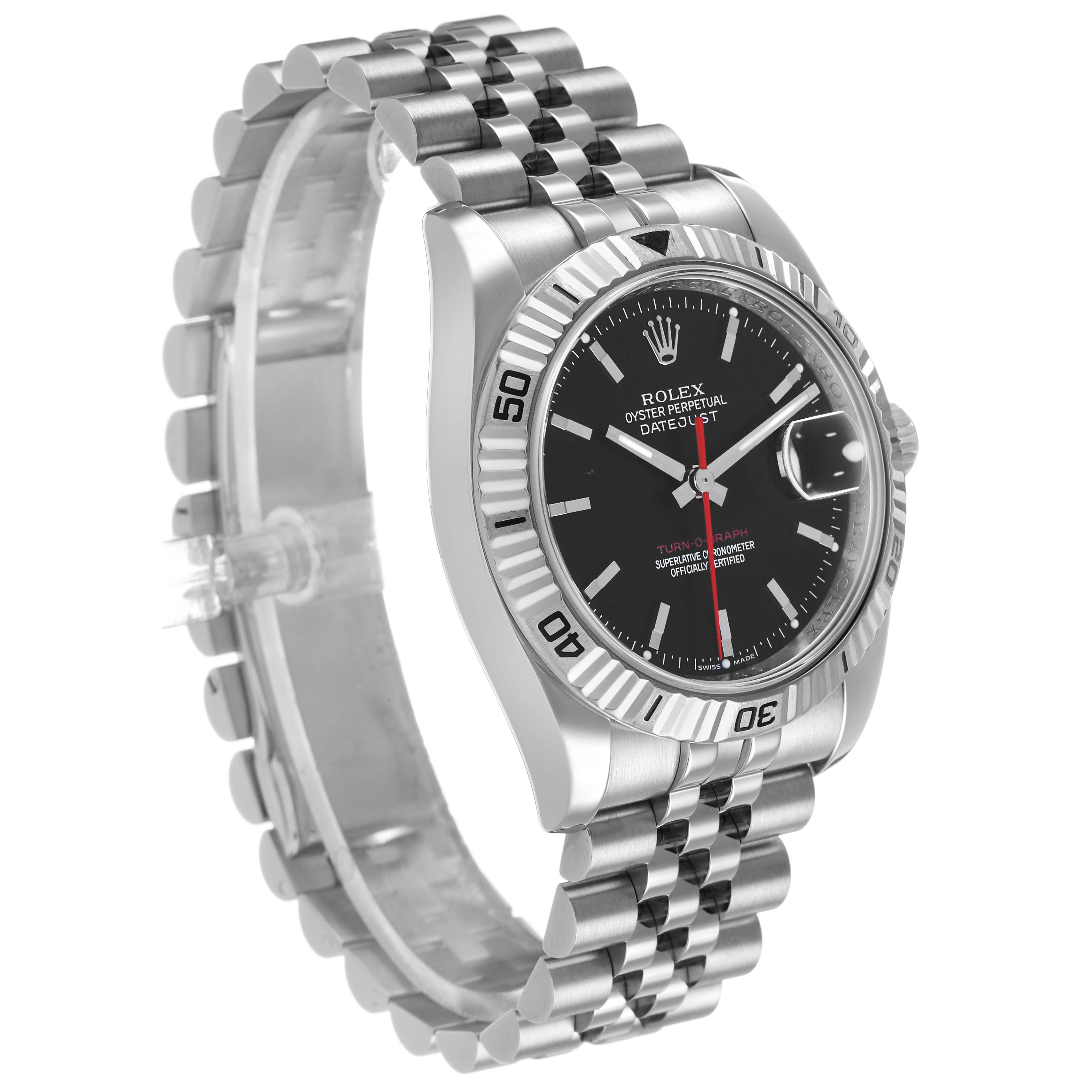 The Rolex Turn-o-Graph 116264 Men's Stainless Steel Black Dial watch is shown from a three-quarter angle, highlighting the face, bezel, and bracelet.