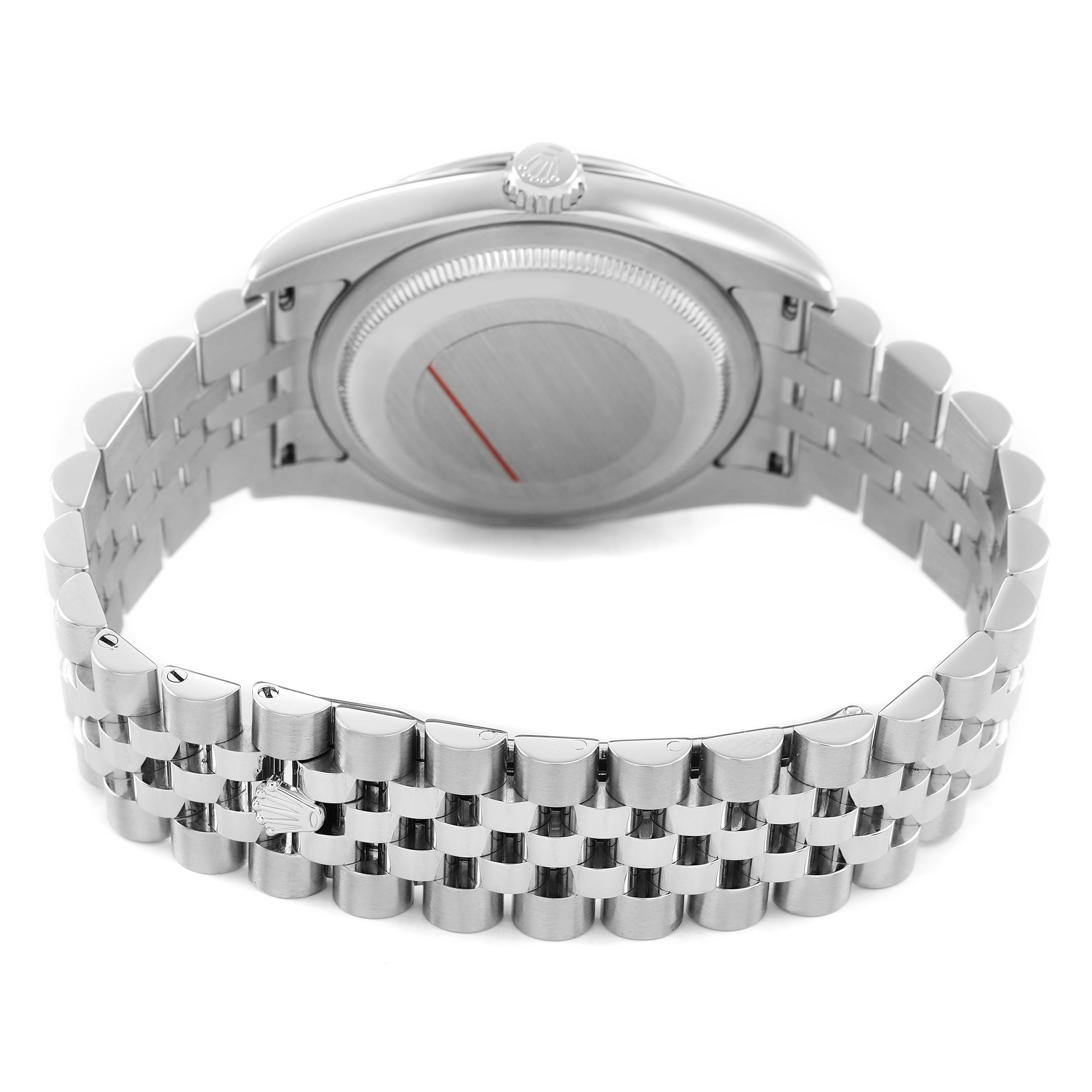 The image shows the back side and bracelet of a Rolex Turn-o-Graph 116264 Men's Stainless Steel Black Dial watch, focusing on the clasp and case back.