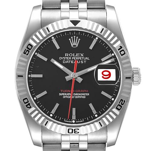 The Rolex Turn-o-Graph 116264 Men's Stainless Steel Black Dial watch is shown from the front, displaying the dial, bezel, bracelet, and crown.