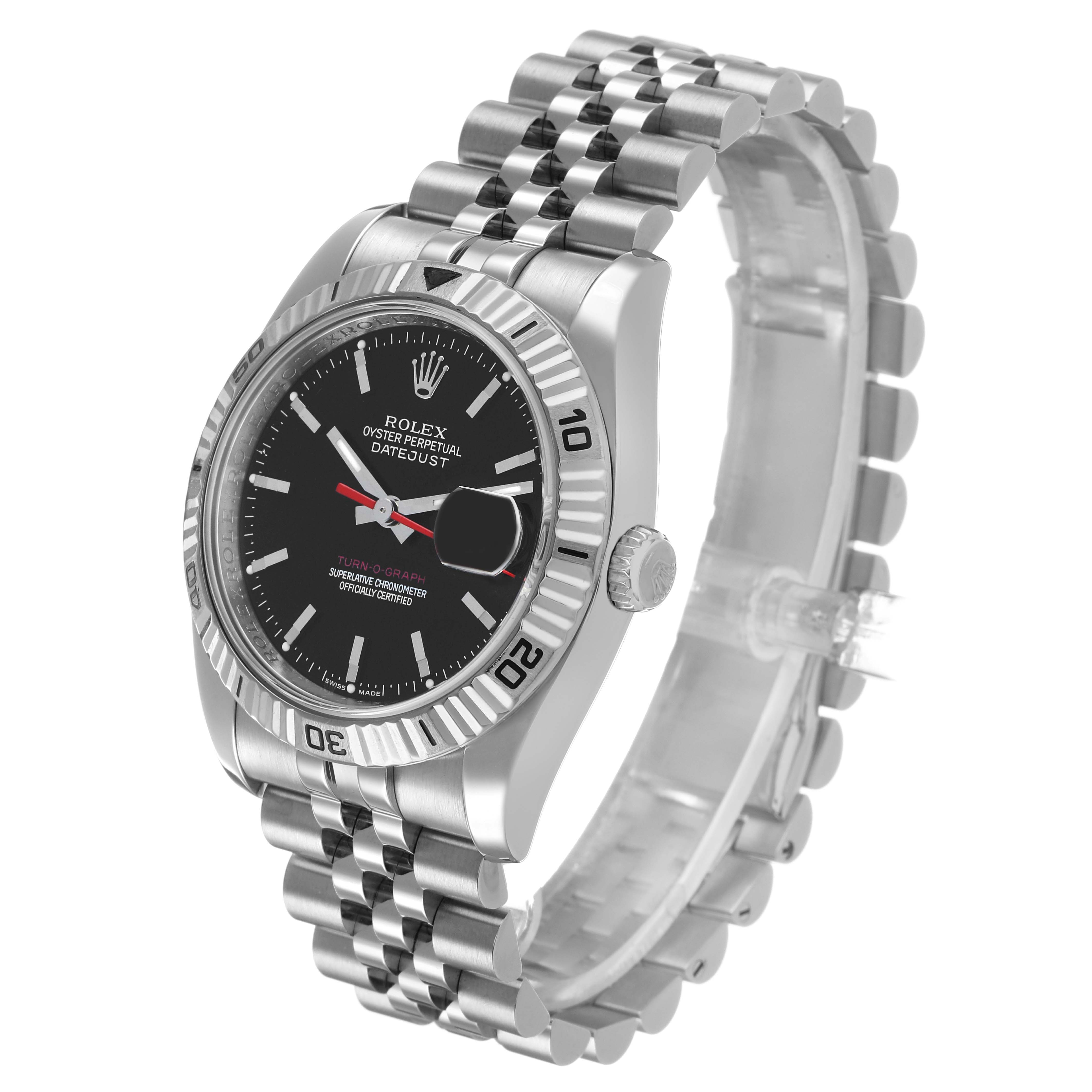 The Rolex Turn-o-Graph 116264 Men's Stainless Steel Black Dial model is shown at a three-quarter angle, highlighting the bezel, dial, bracelet, and crown.