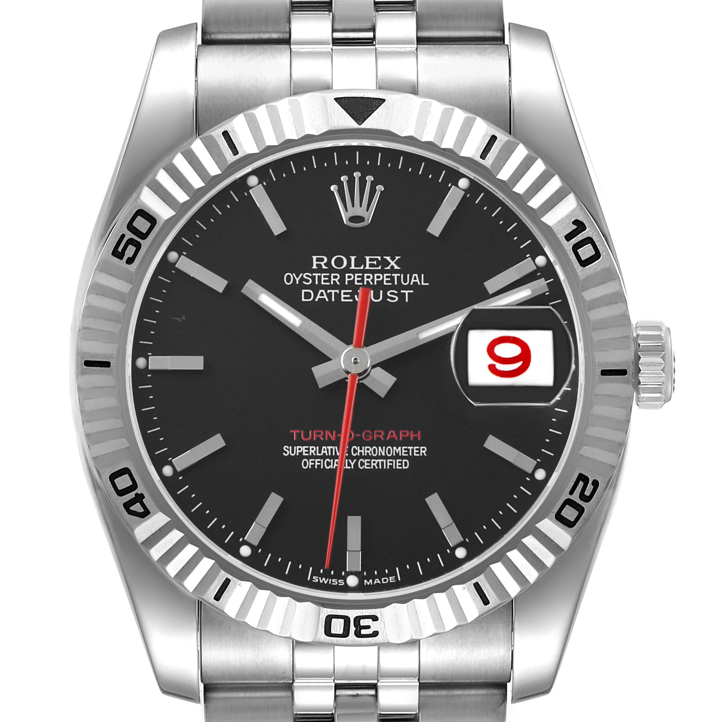 The Rolex Turn-o-Graph 116264 Men's Stainless Steel Black Dial watch is shown from the front, displaying its face, bezel, and bracelet.
