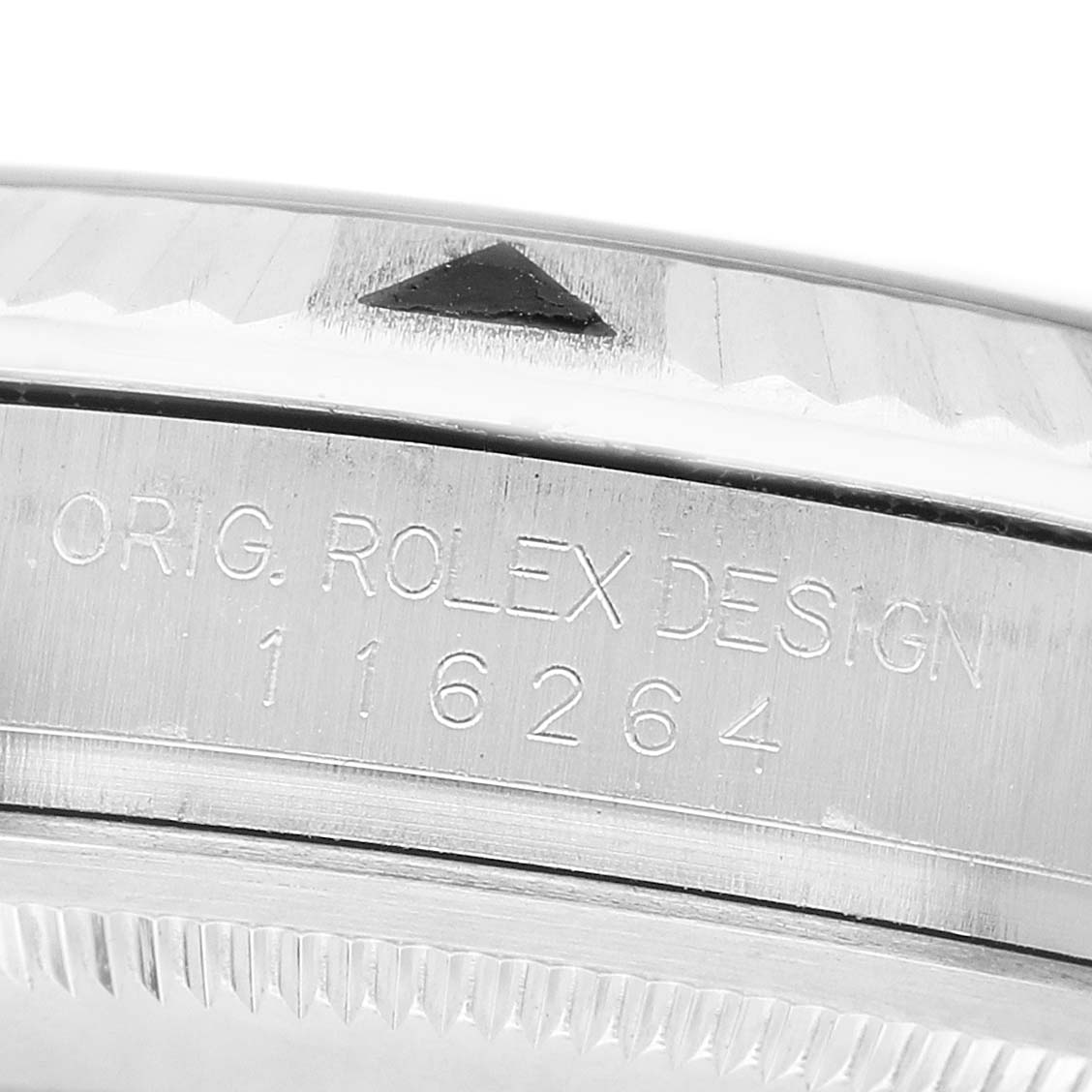 The image shows the engraved side of the bezel on the Rolex Turn-o-Graph 116264 Men's Stainless Steel Black Dial, displaying the model and design number.