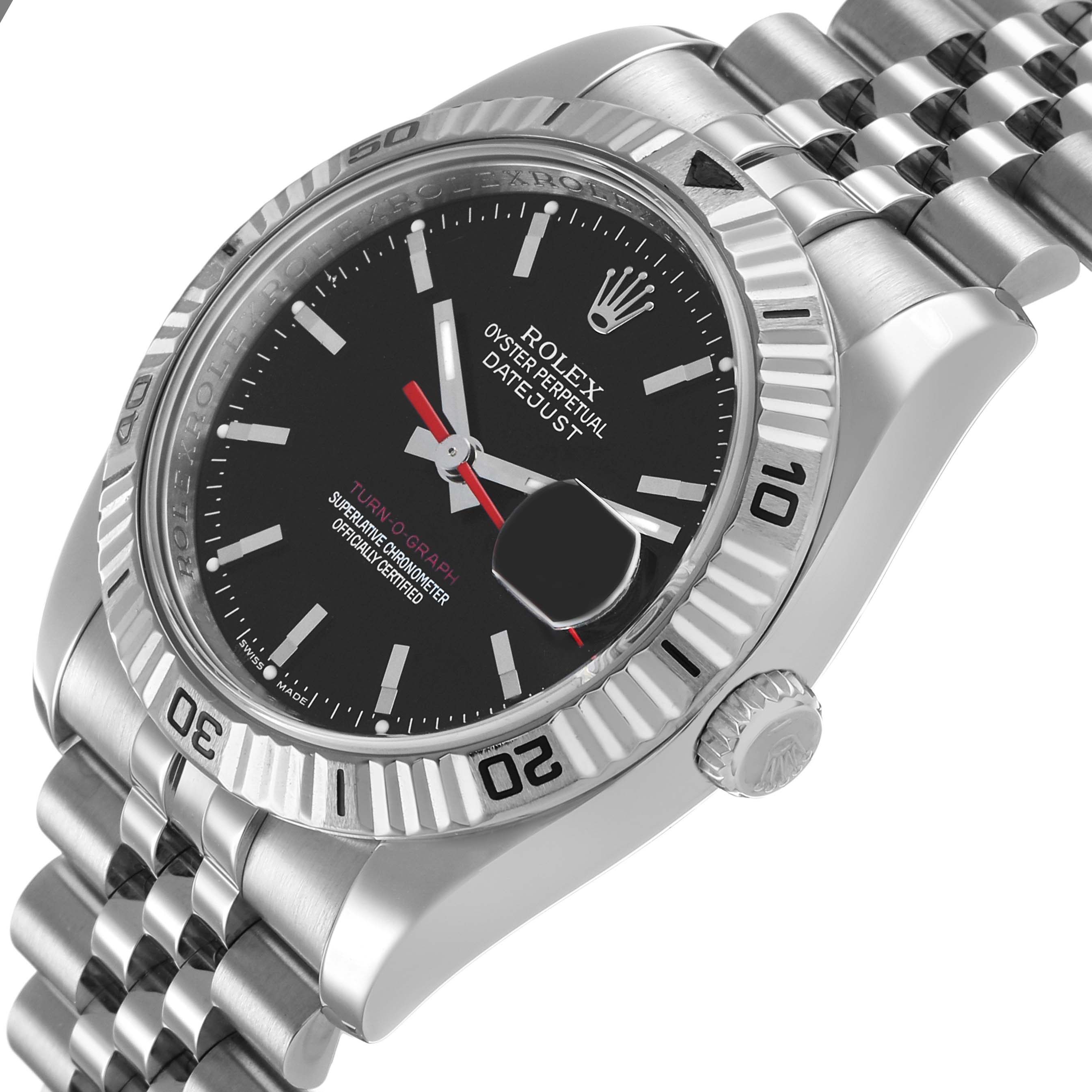 The Rolex Turn-o-Graph 116264 Men's Stainless Steel Black Dial watch is shown at a slight angle, displaying the face, fluted bezel, and part of the jubilee bracelet.