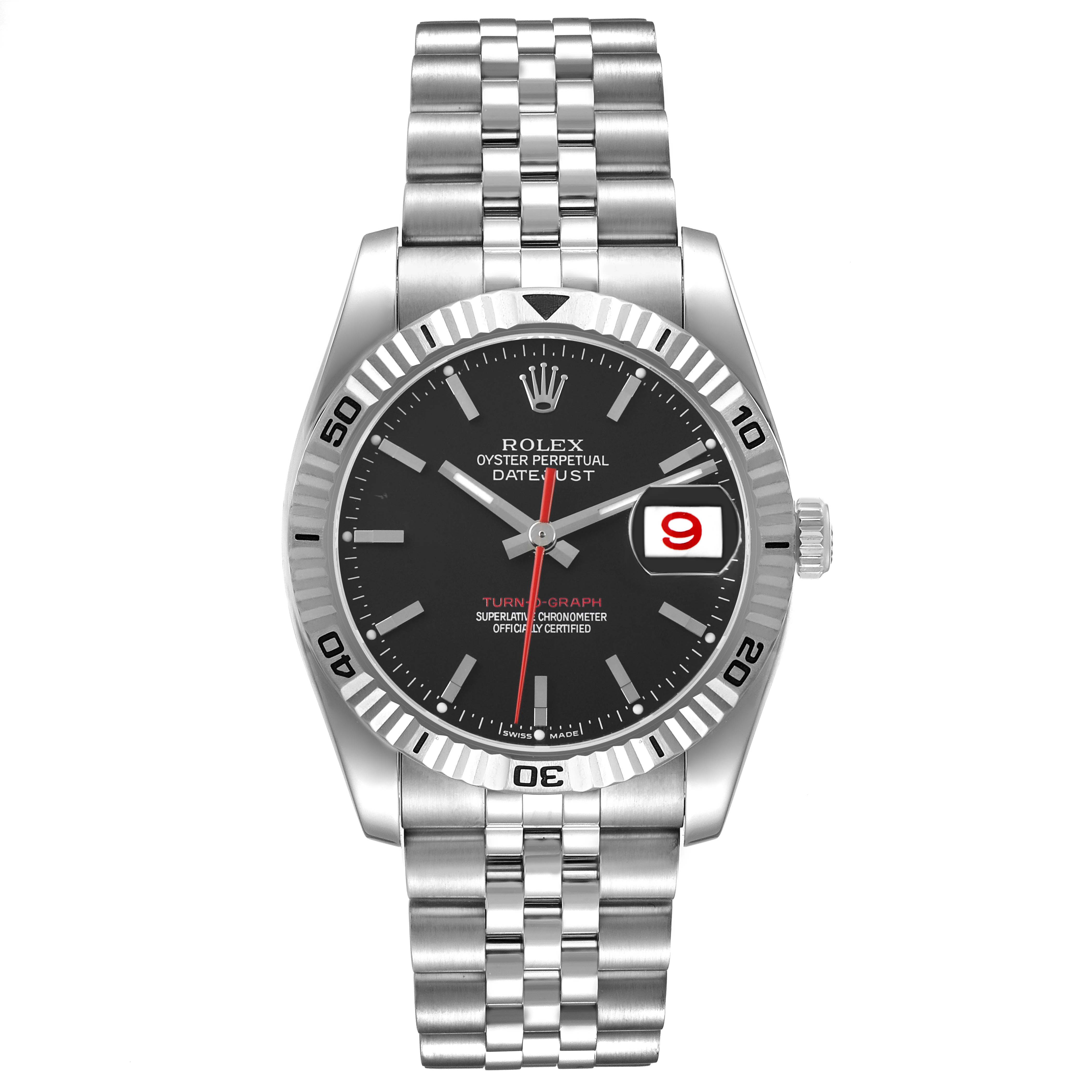 The Rolex Turn-o-Graph 116264 Men's Stainless Steel Black Dial watch is shown from a front angle, highlighting the dial, bezel, and bracelet.
