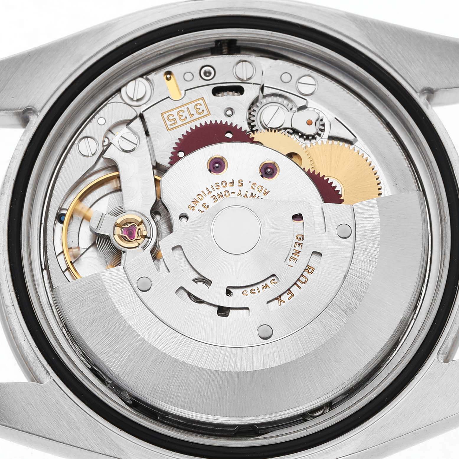 The image shows the movement and internal components of a Rolex Turn-o-Graph 116264 Men's Stainless Steel Black Dial watch from the back.