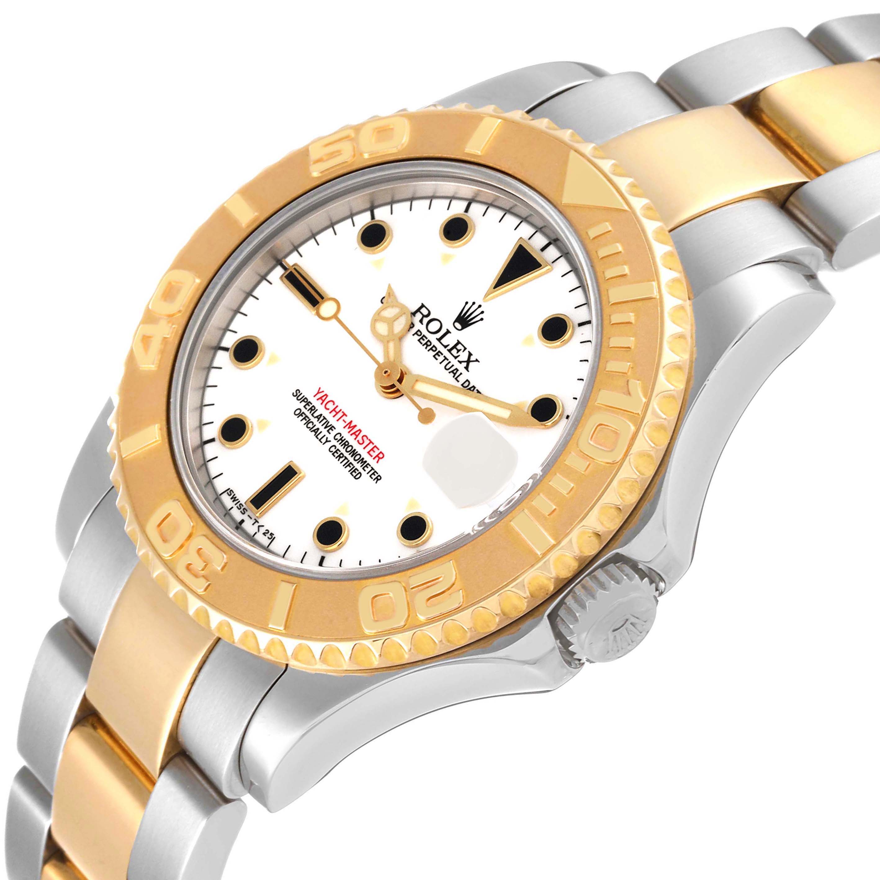 This Rolex Yacht-Master 68623 Men's Steel and Gold (two tone) White Dial 68623 Men's Steel and Gold (two tone) White Dial watch is shown from a slight angle, displaying the dial, bezel, crown, and two-tone bracelet.