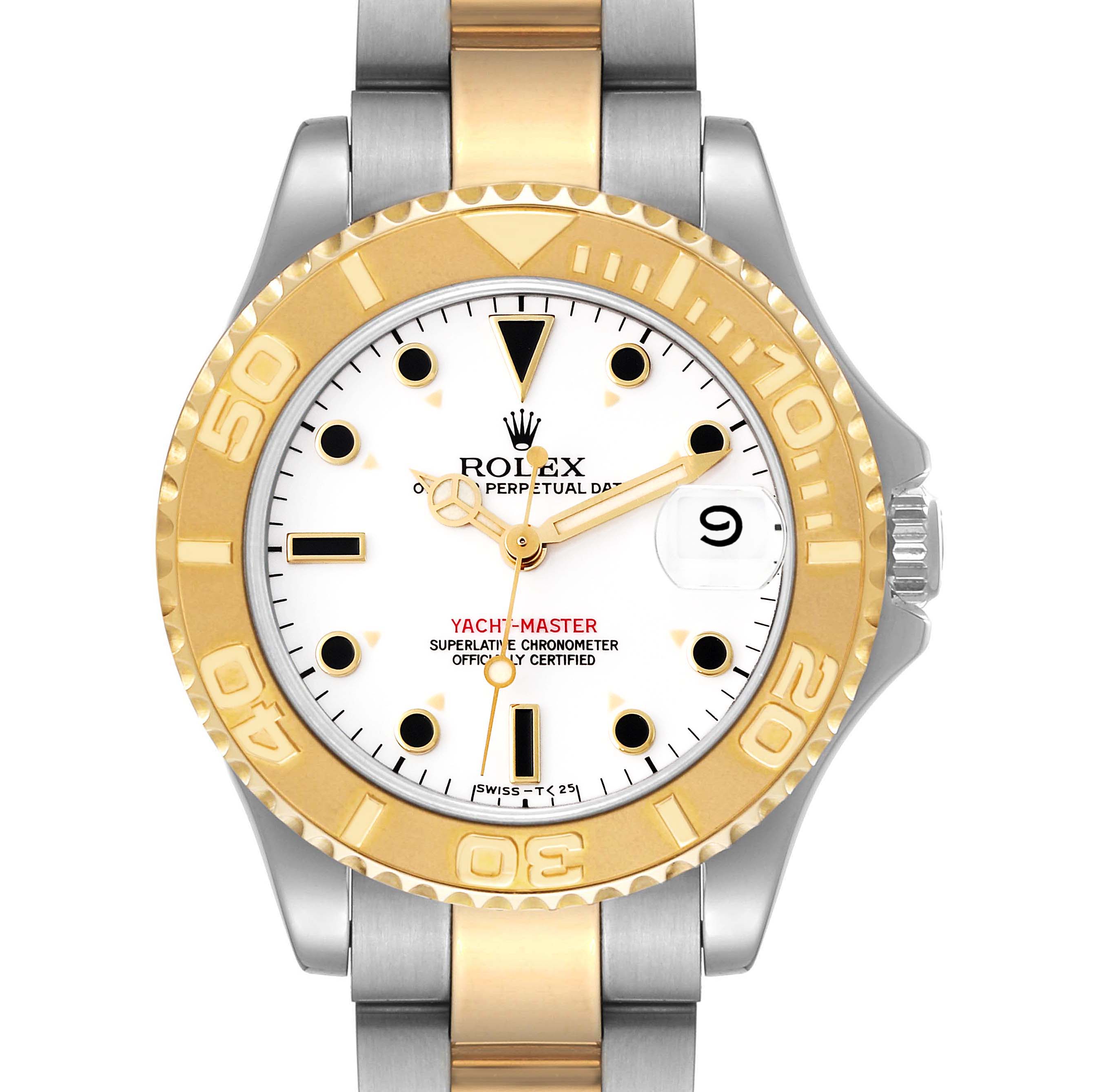 This image shows a front view of the Rolex Yacht-Master 68623 Men's Steel and Gold (two tone) White Dial 68623 Men's Steel and Gold (two tone) White Dial watch, displaying the dial, bezel, and part of the bracelet.