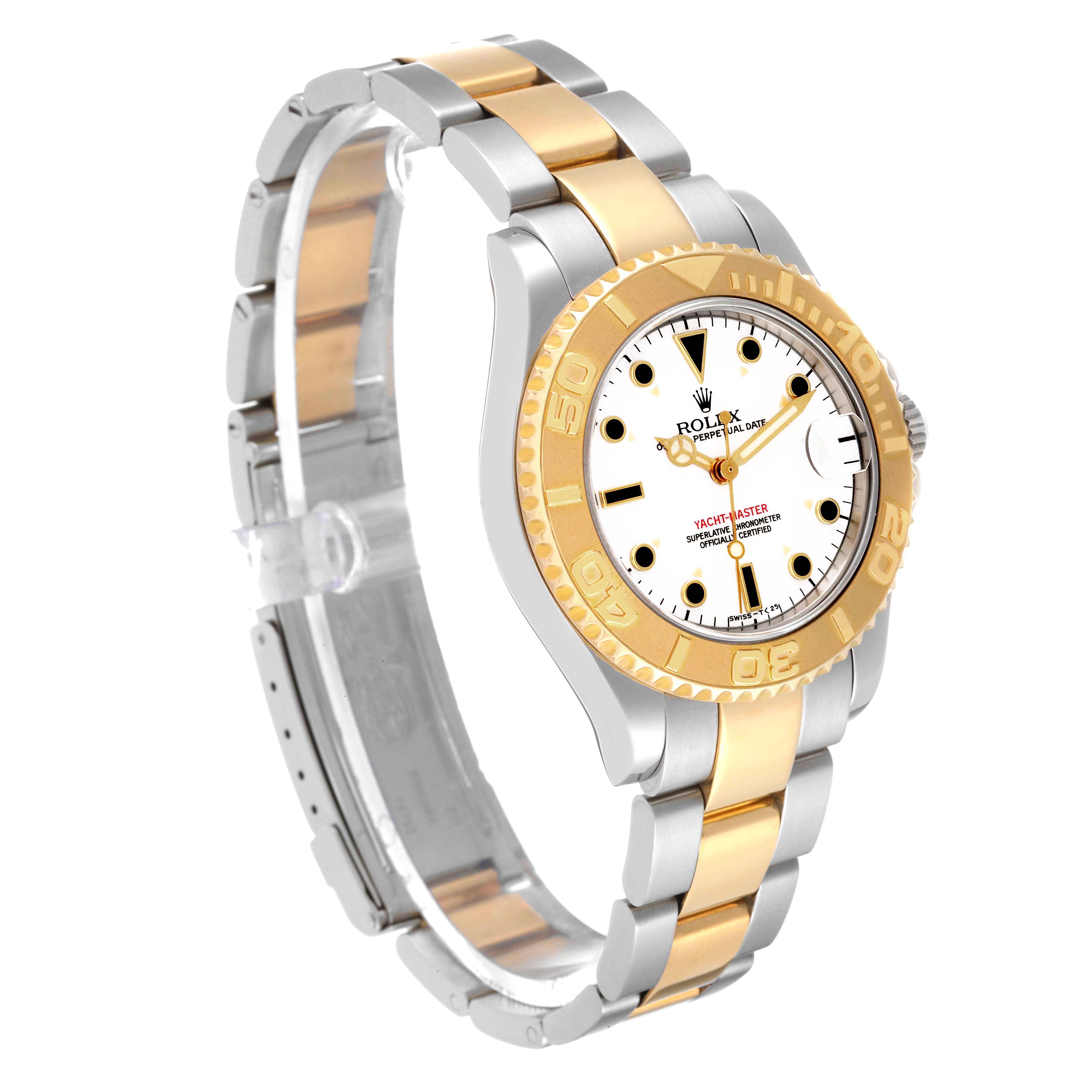 The Rolex Yacht-Master 68623 Men's Steel and Gold (two tone) White Dial 68623 Men's Steel and Gold (two tone) White Dial watch is shown at a three-quarter angle, highlighting its two-tone bracelet, dial, and bezel.