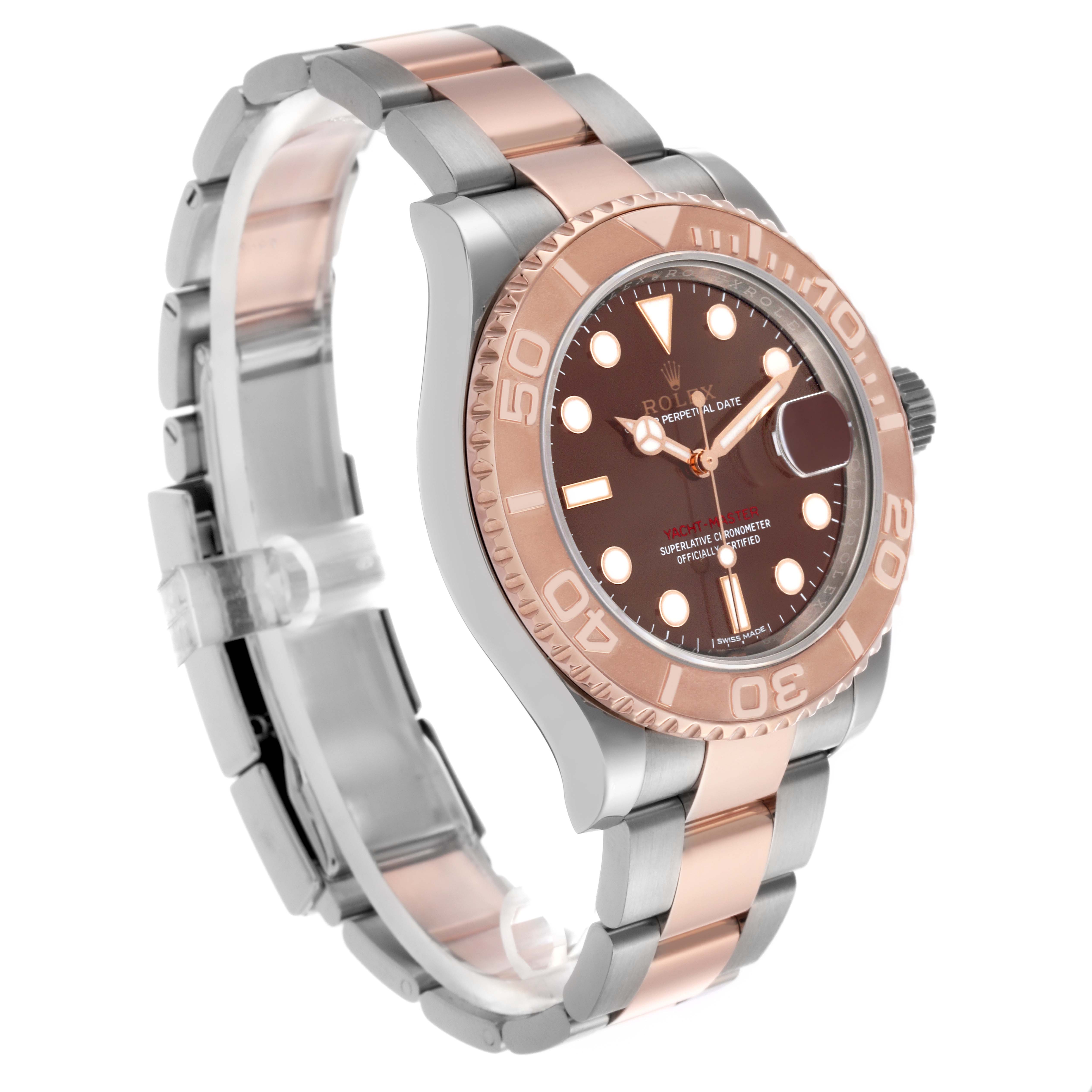 The Rolex Yacht-Master 116621 Men's Steel and Gold (two tone) Brown Dial 116621 Men's Steel and Gold (two tone) Brown Dial is shown at a side angle highlighting the bezel, dial, and bracelet.