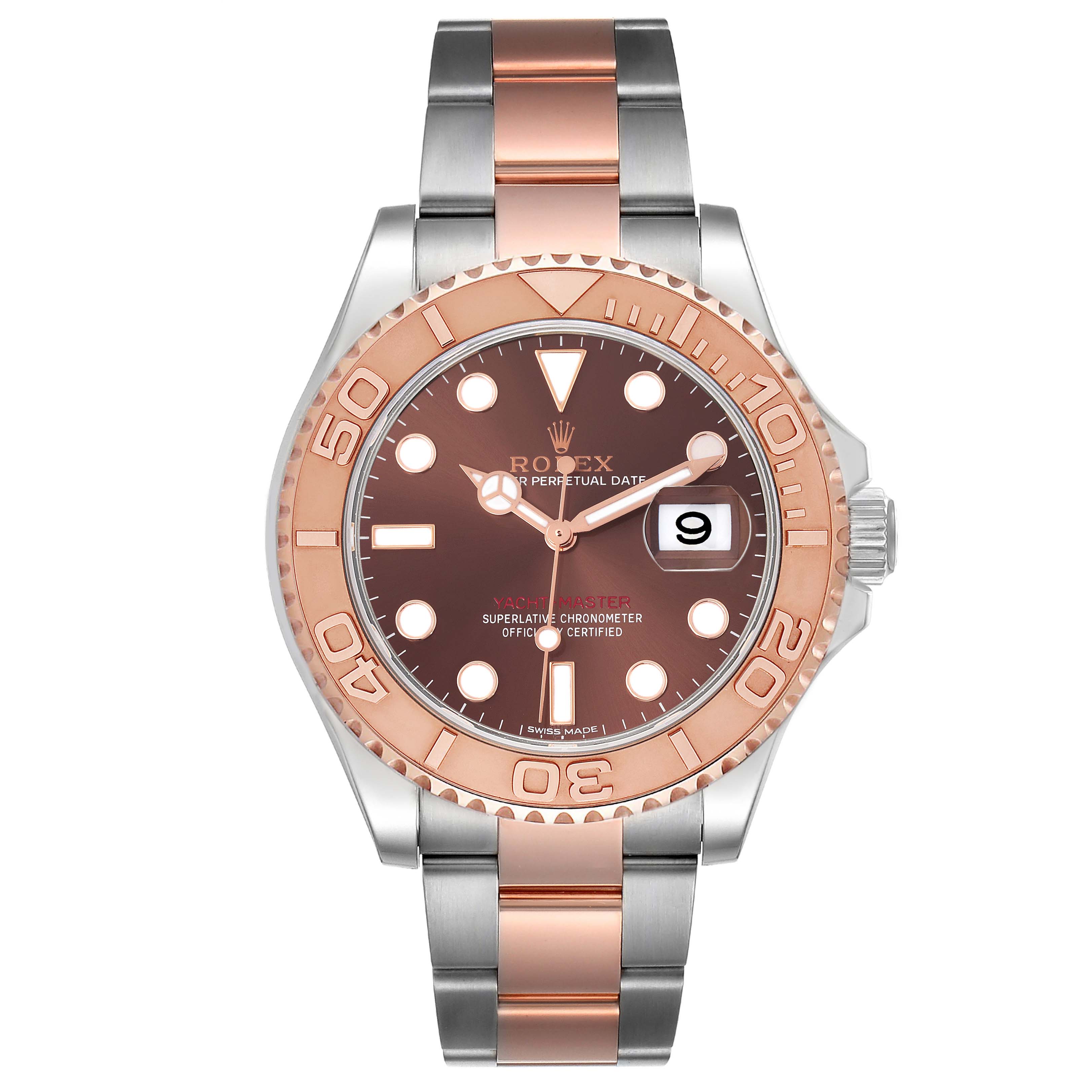The Rolex Yacht-Master 116621 Men's Steel and Gold (two tone) Brown Dial 116621 Men's Steel and Gold (two tone) Brown Dial watch is shown from a front angle, displaying the dial, bezel, bracelet, and date window.