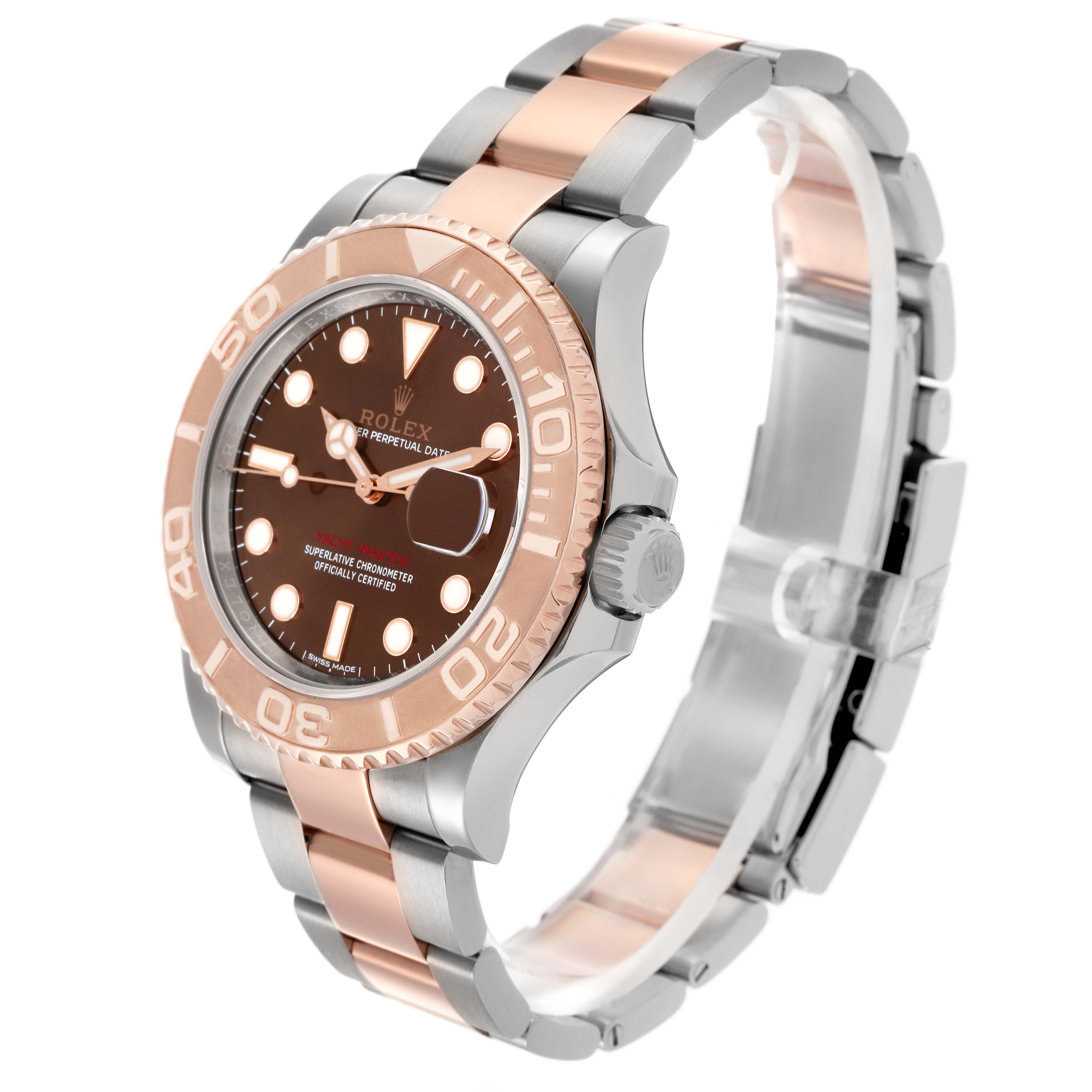 The Rolex Yacht-Master 116621 Men's Steel and Gold (two tone) Brown Dial 116621 Men's Steel and Gold (two tone) Brown Dial watch is shown at a three-quarter angle, highlighting the rose gold bezel, dial, and two-tone bracelet.