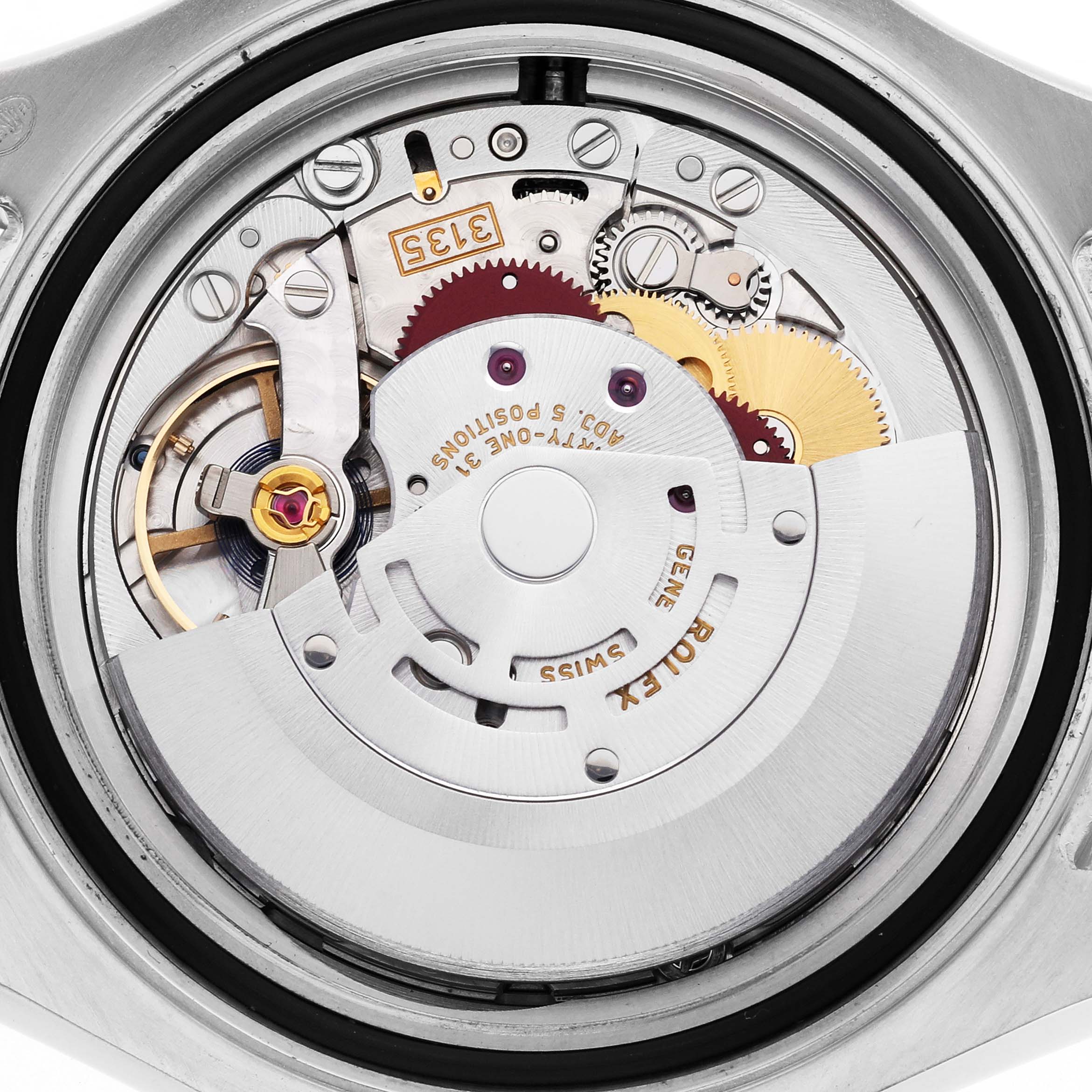 The image shows the Rolex Yacht-Master 116621 Men's Steel and Gold (two tone) Brown Dial 116621 Men's Steel and Gold (two tone) Brown Dial watch movement from a close-up, top-down angle, highlighting gears and components.