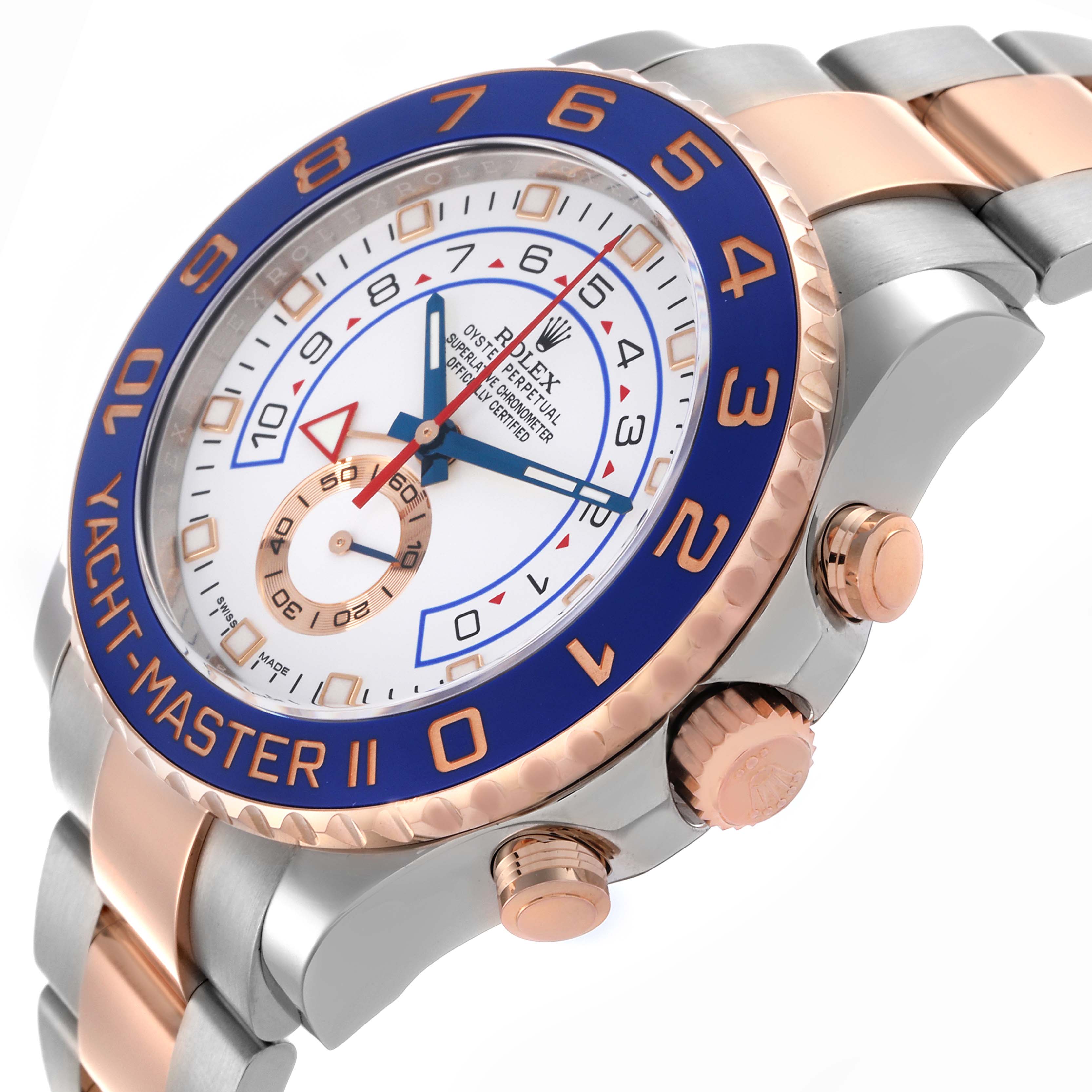 The Rolex Yacht-Master 116681 Men's Steel and Gold (two tone) White Dial 116681 Men's Steel and Gold (two tone) White Dial II is shown at an angled view, highlighting its dial, bezel, crown, and part of the bracelet.