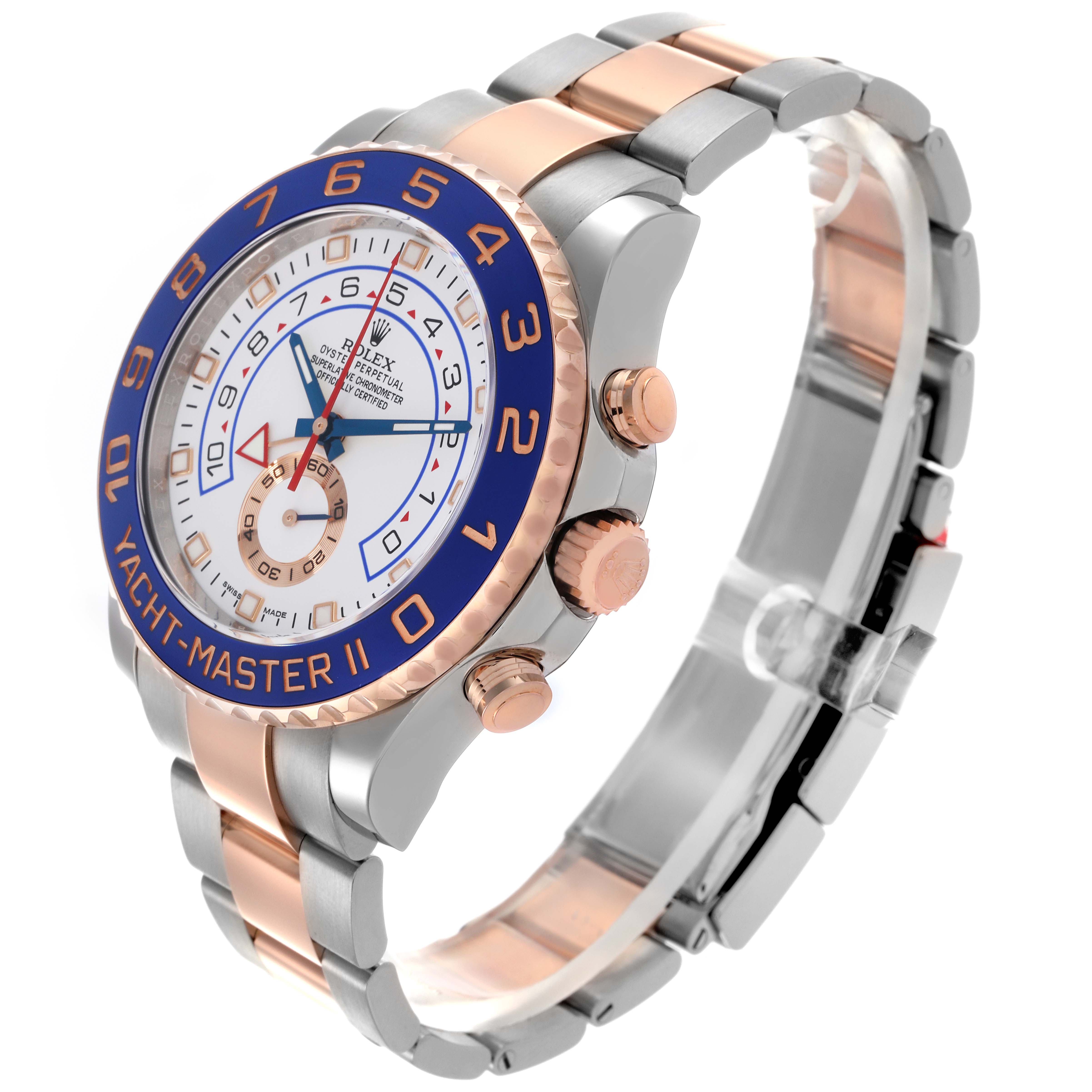 The Rolex Yacht-Master 116681 Men's Steel and Gold (two tone) White Dial 116681 Men's Steel and Gold (two tone) White Dial II watch is shown at a three-quarter angle, highlighting the bezel, dial, and bracelet.