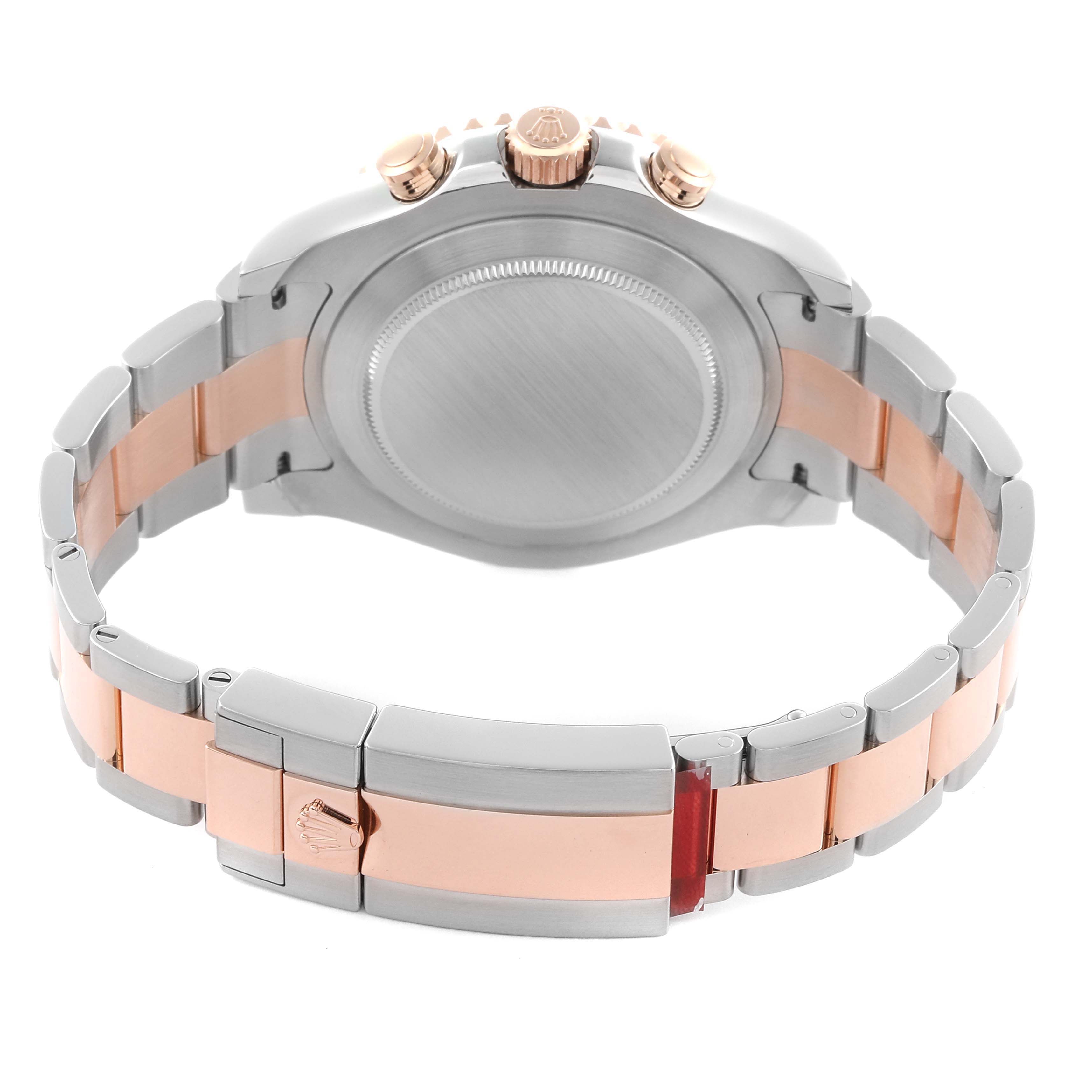 The image shows the back of a Rolex Yacht-Master 116681 Men's Steel and Gold (two tone) White Dial 116681 Men's Steel and Gold (two tone) White Dial watch, highlighting its clasp, bracelet, and case back from a rear angle.