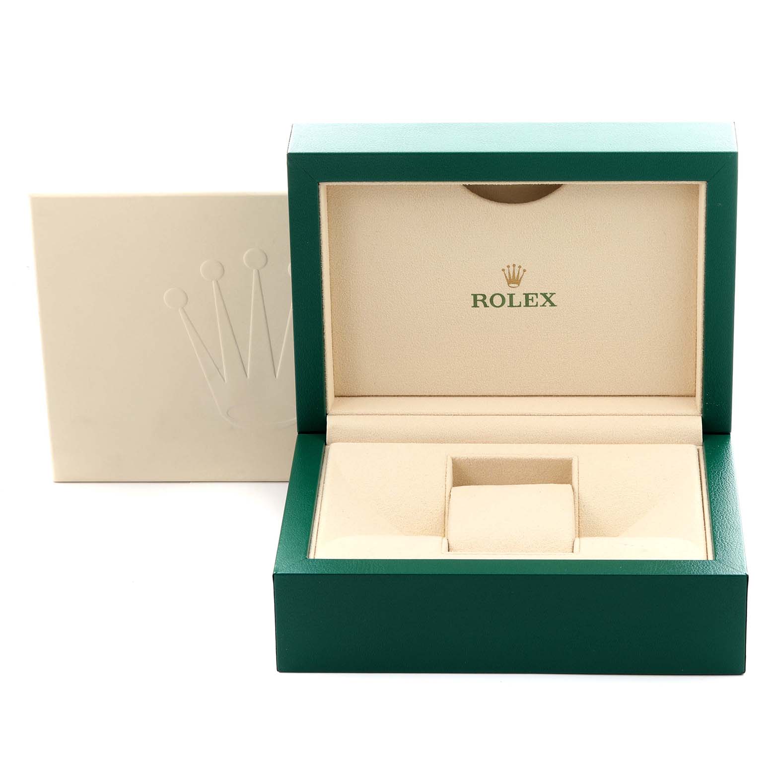 The image shows an open green Rolex box for the Yacht-Master model, with a beige interior and the Rolex logo.