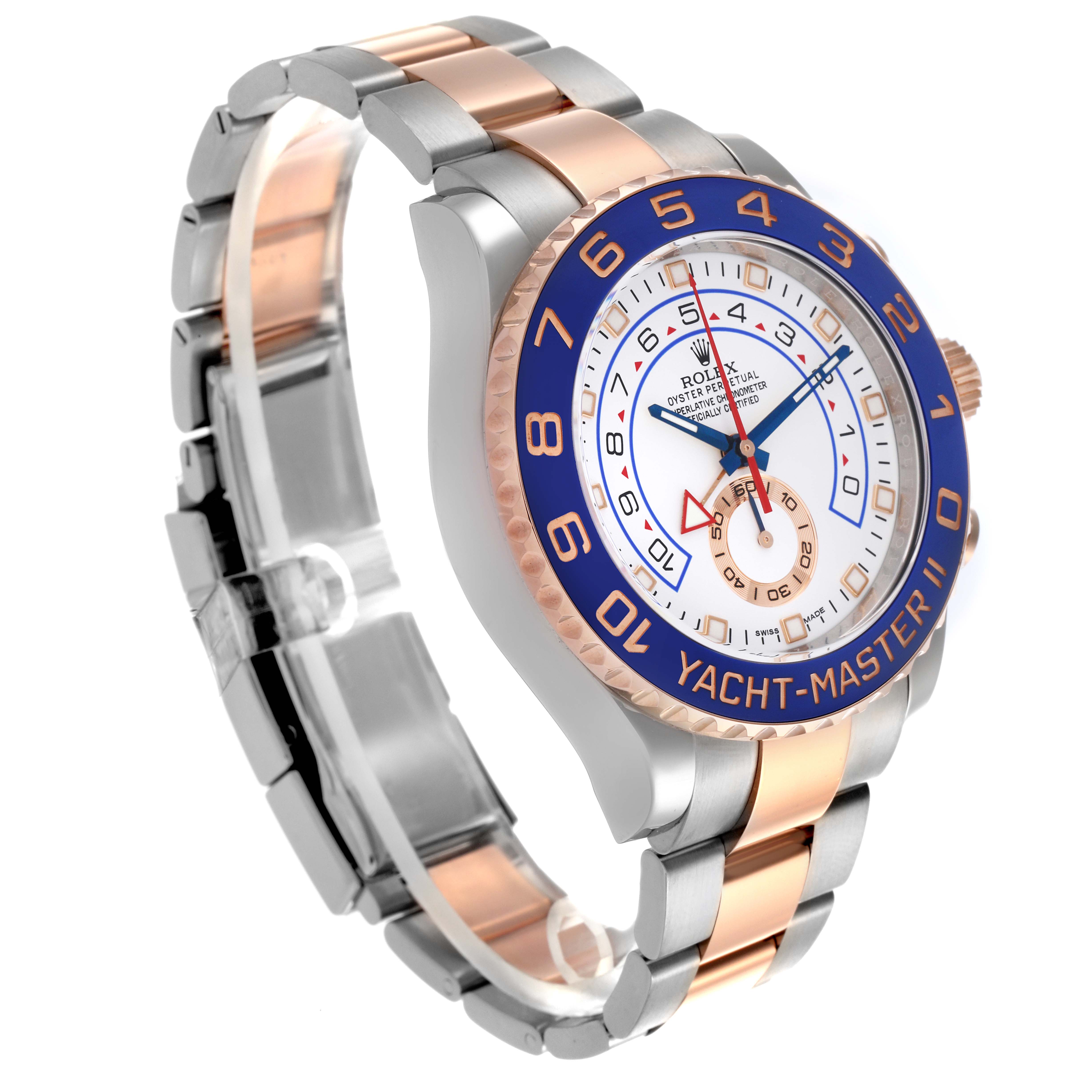 The image shows a Rolex Yacht-Master 116681 Men's Steel and Gold (two tone) White Dial 116681 Men's Steel and Gold (two tone) White Dial watch at a three-quarter angle, highlighting the bezel, dial, and bracelet.