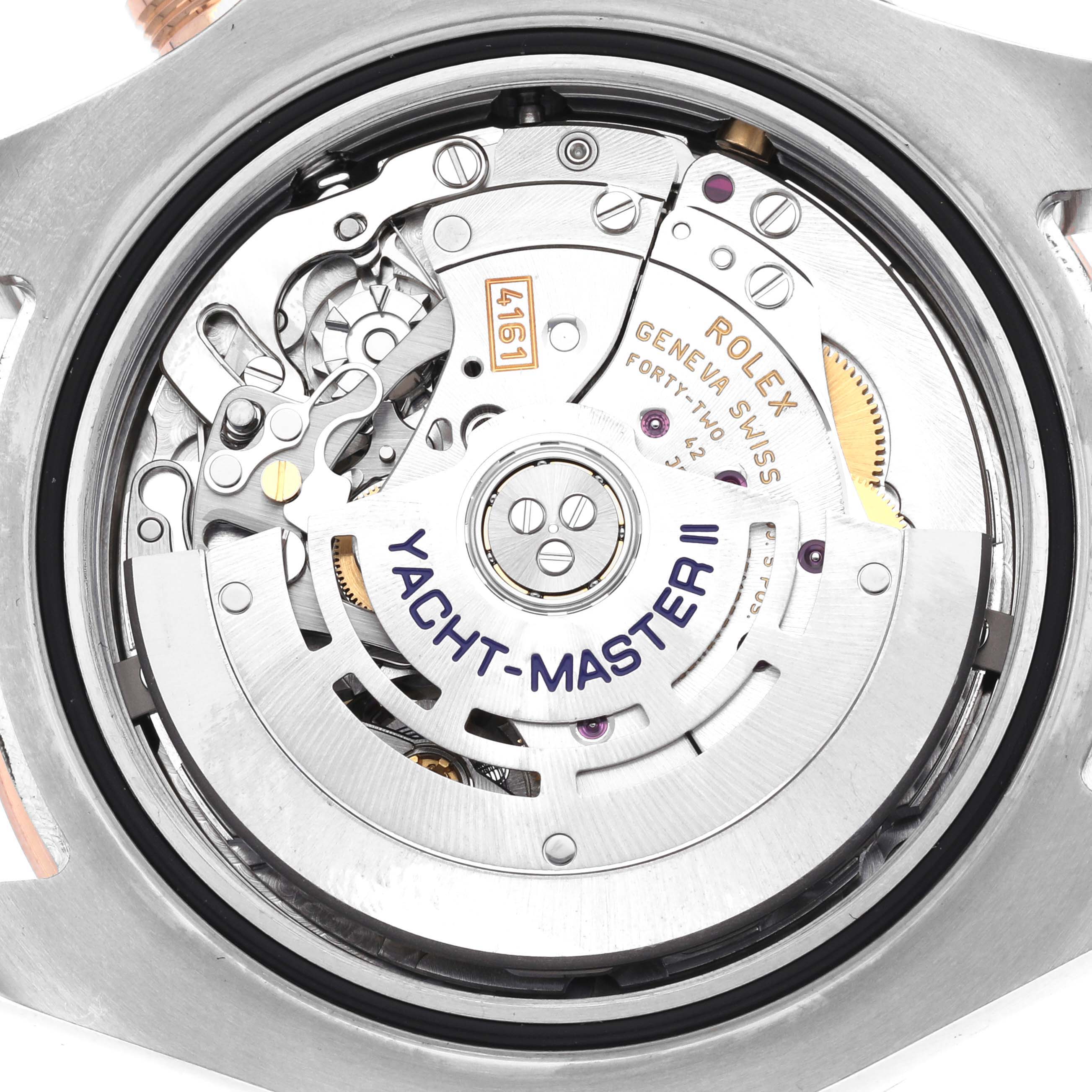 The image shows the movement of a Rolex Yacht-Master 116681 Men's Steel and Gold (two tone) White Dial 116681 Men's Steel and Gold (two tone) White Dial II watch from a top-down angle.