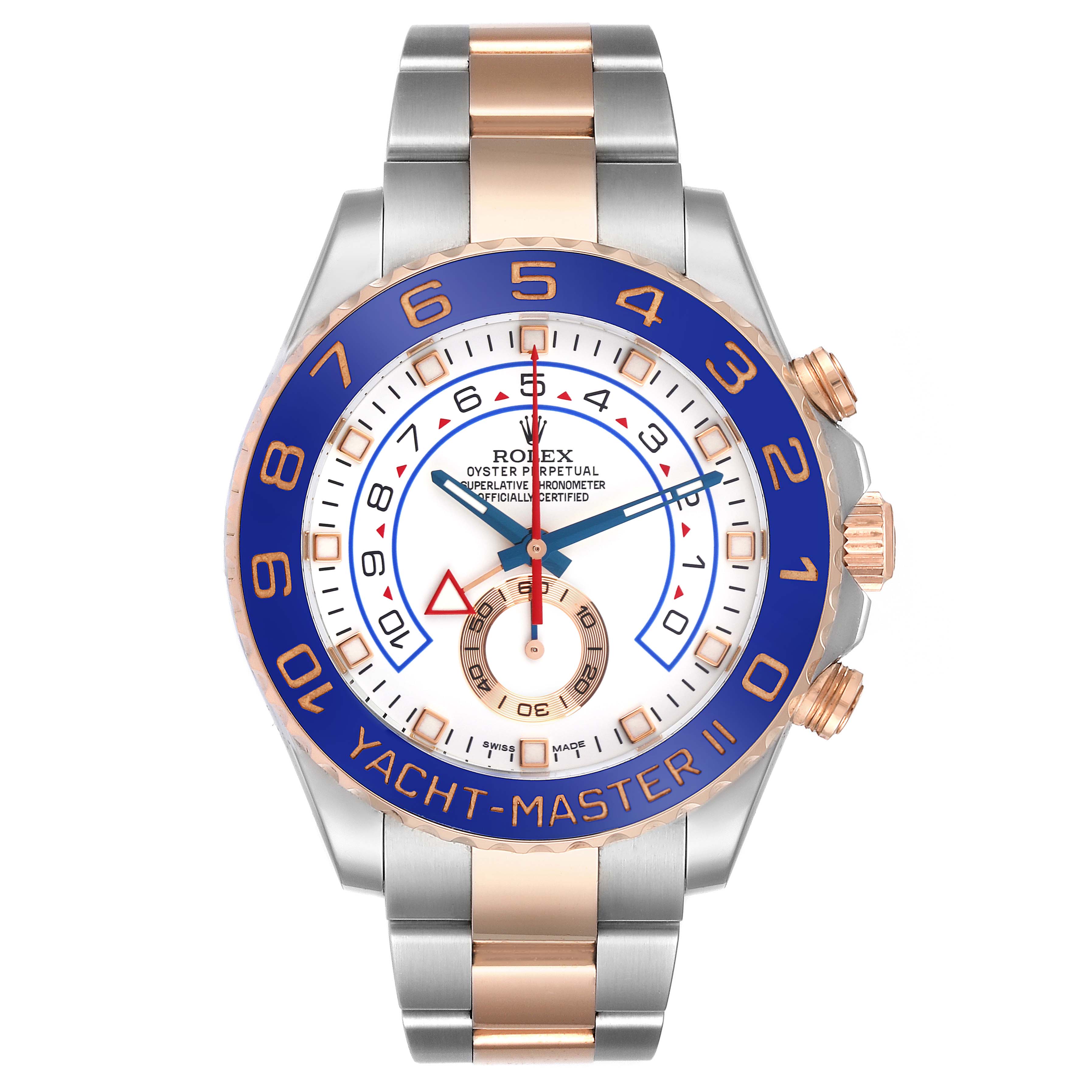 The Rolex Yacht-Master 116681 Men's Steel and Gold (two tone) White Dial 116681 Men's Steel and Gold (two tone) White Dial watch is shown from a front angle, displaying the dial, bezel, and bracelet.