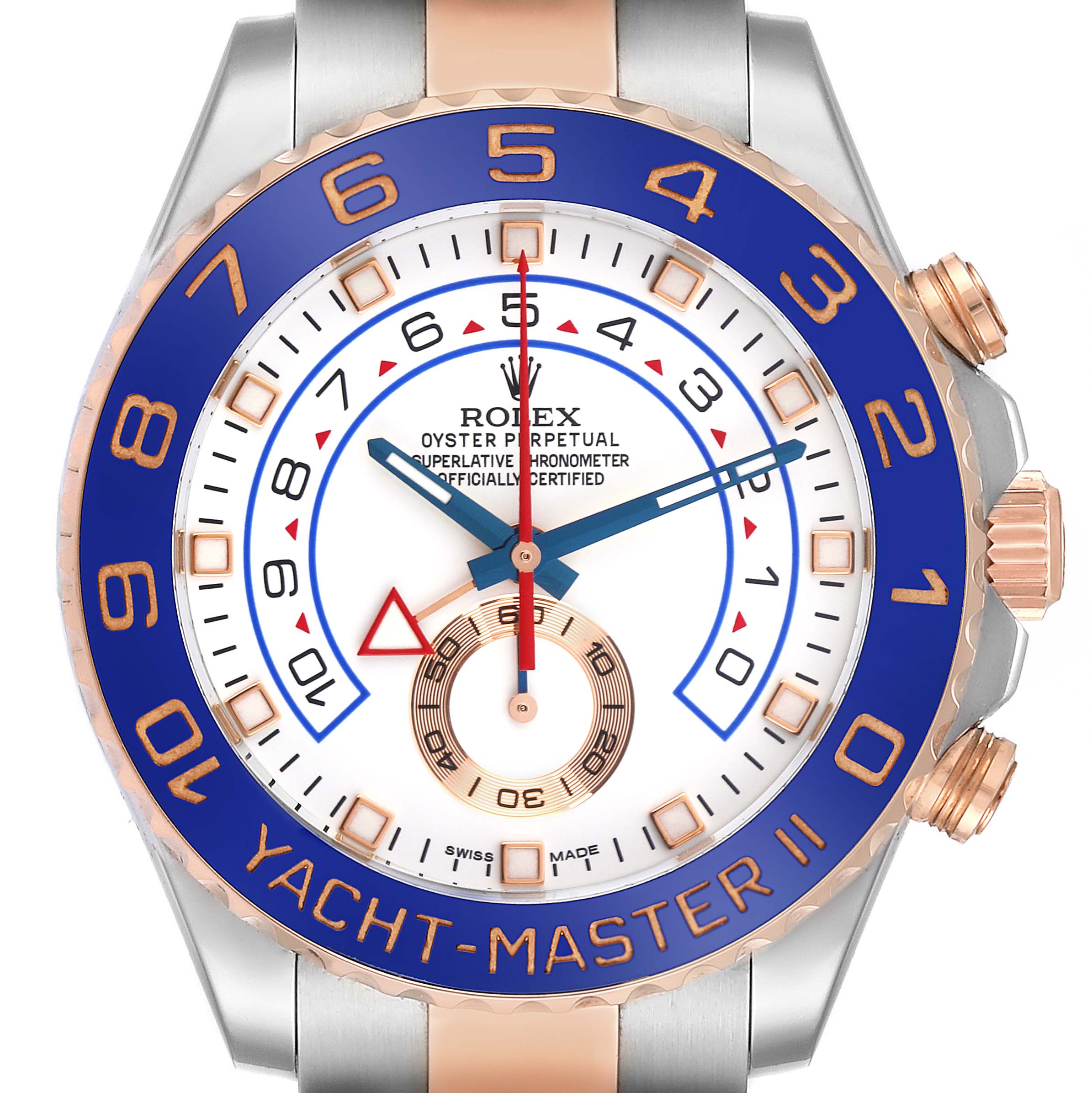 The Rolex Yacht-Master 116681 Men's Steel and Gold (two tone) White Dial 116681 Men's Steel and Gold (two tone) White Dial II watch is shown from a front angle, highlighting its face, blue bezel, and crown.