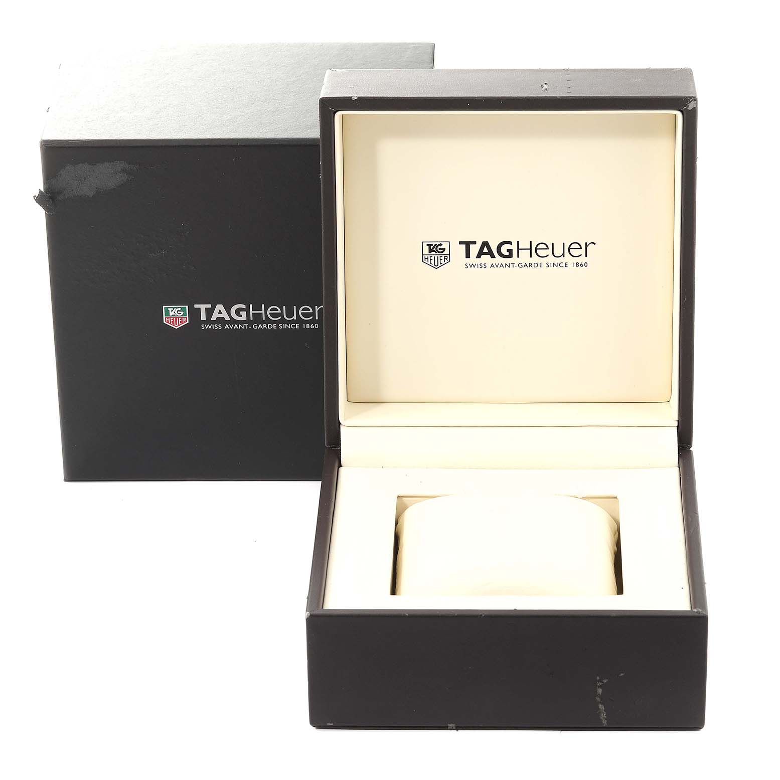 The image shows an open Tag Heuer Carrera CAR201T Men's Stainless Steel Blue Dial CAR201T Men's Stainless Steel Blue Dial watch box and its outer box from a frontal angle.