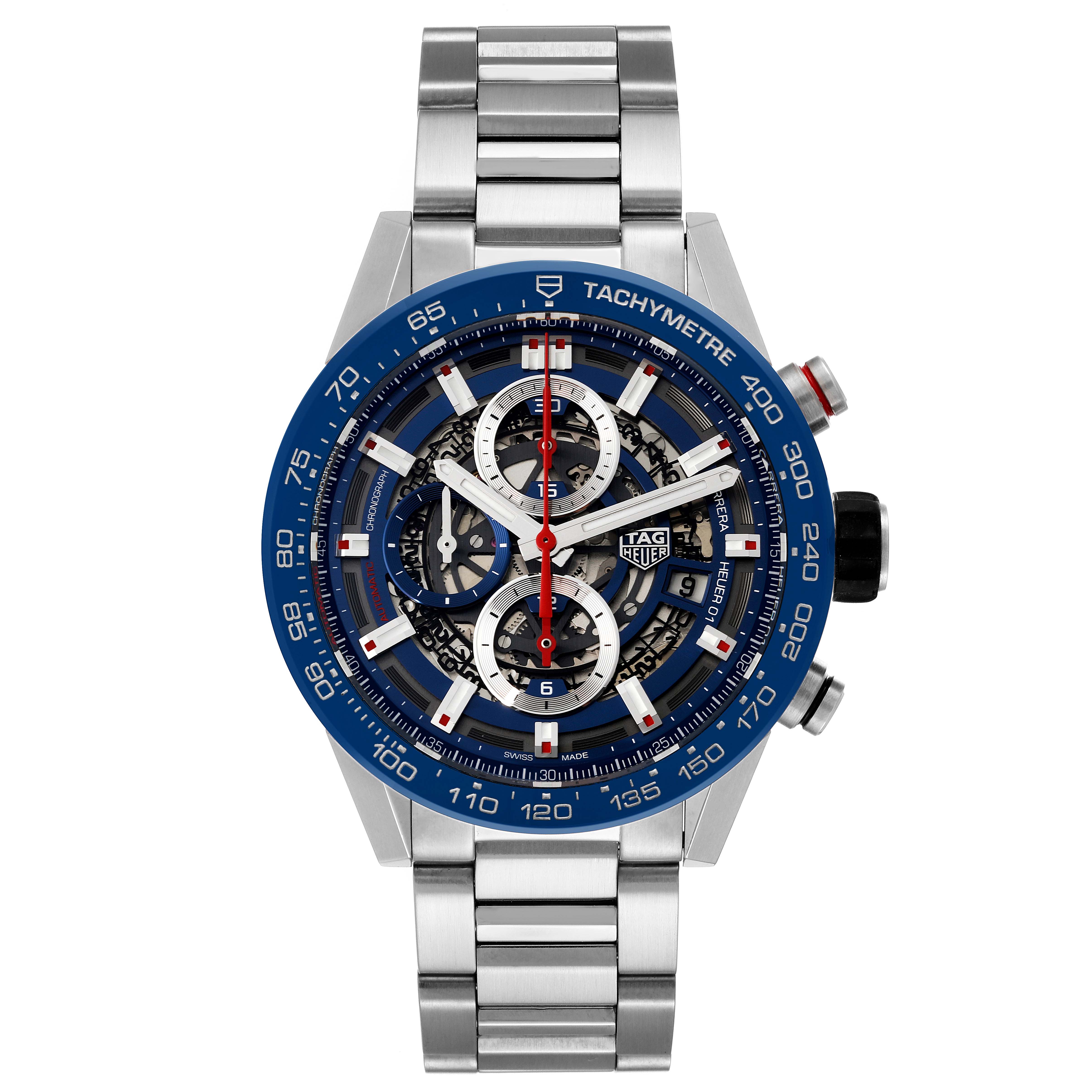 This image shows a front view of the Tag Heuer Carrera CAR201T Men's Stainless Steel Blue Dial CAR201T Men's Stainless Steel Blue Dial model watch, highlighting its face, dial, and stainless steel bracelet.