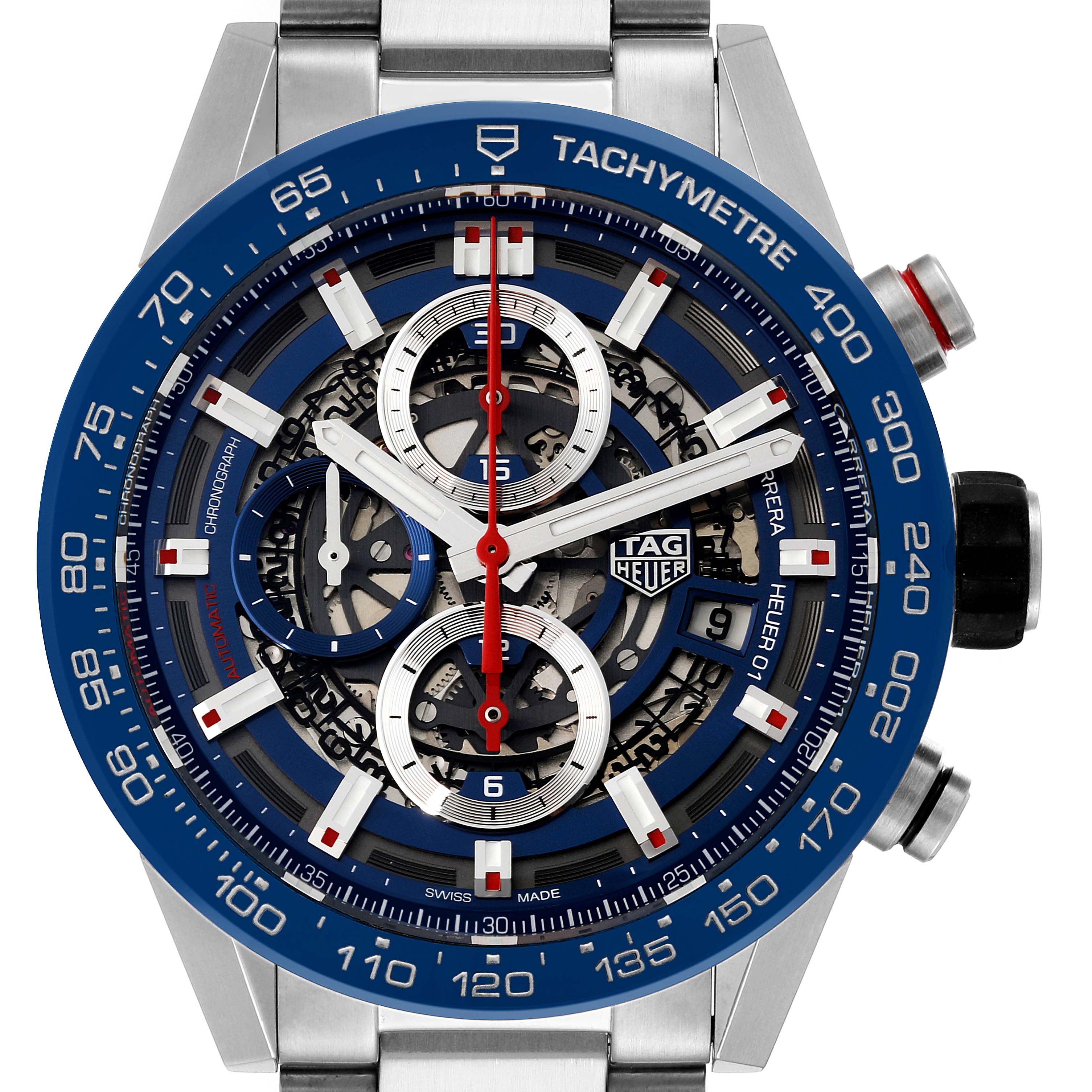 This close-up image of the Tag Heuer Carrera CAR201T Men's Stainless Steel Blue Dial CAR201T Men's Stainless Steel Blue Dial watch shows the face, tachymeter, chronograph subdials, and a portion of the bracelet.