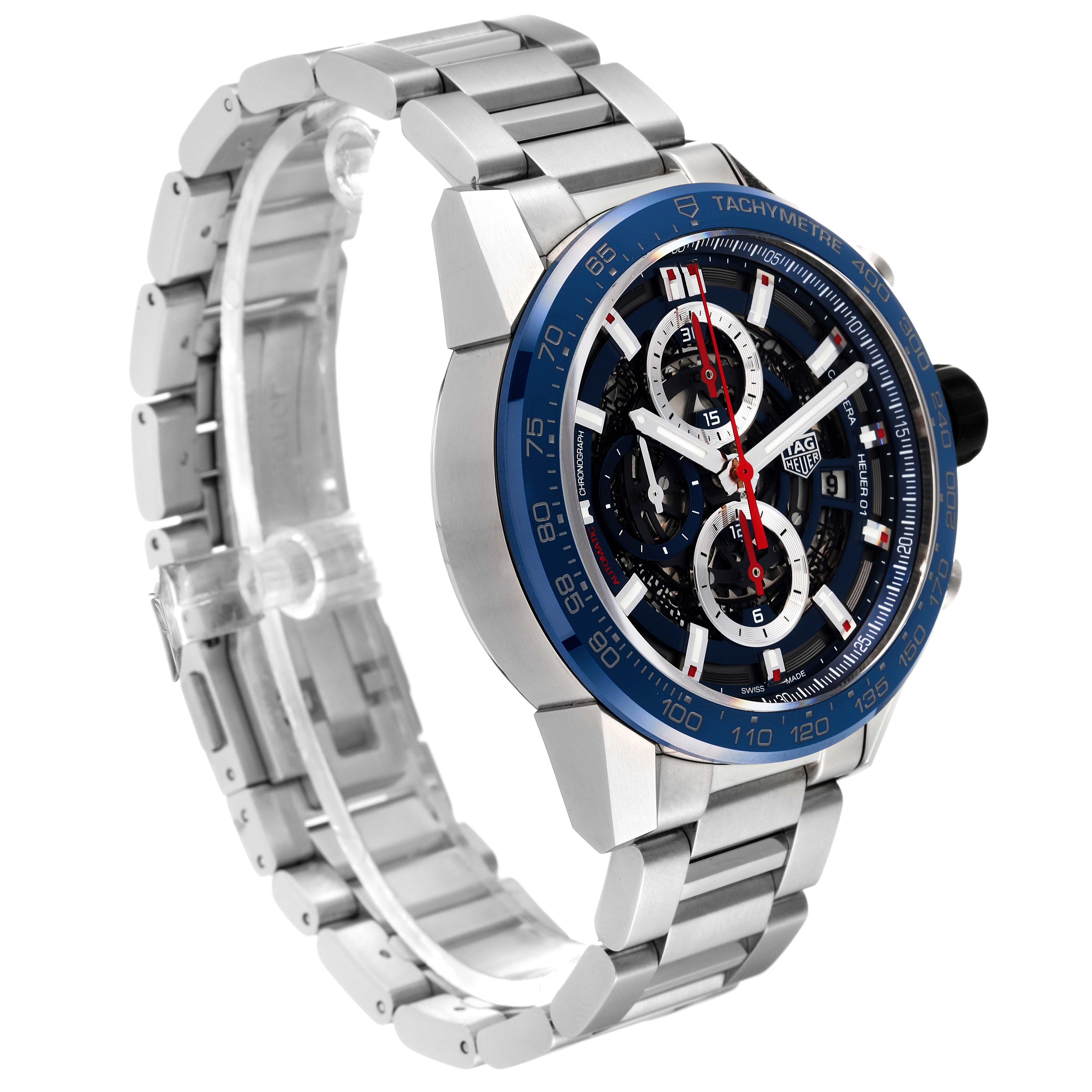 The image shows a side angle view of a Tag Heuer Carrera CAR201T Men's Stainless Steel Blue Dial CAR201T Men's Stainless Steel Blue Dial watch, focusing on its face, bezel, and metal bracelet.