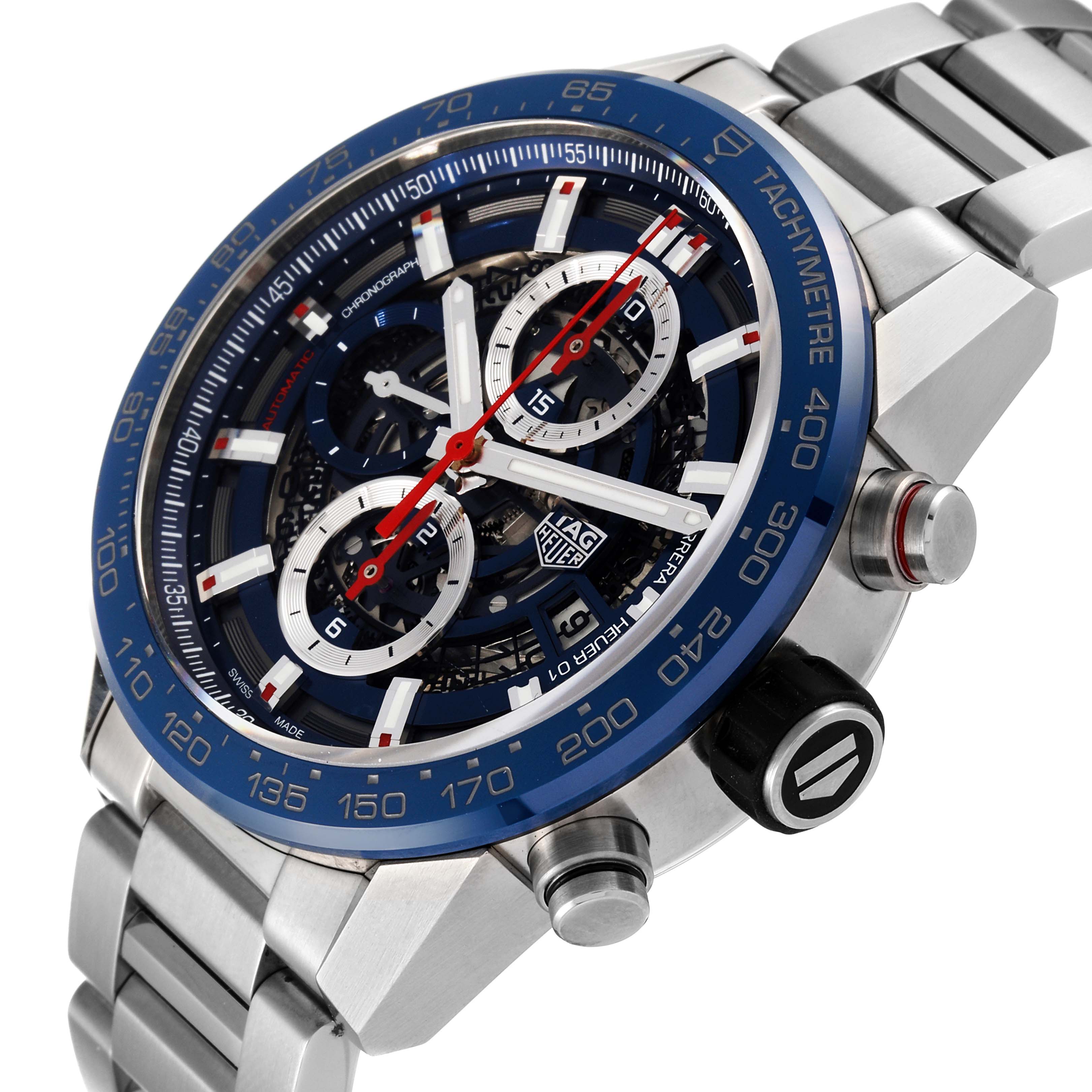 The Tag Heuer Carrera CAR201T Men's Stainless Steel Blue Dial CAR201T Men's Stainless Steel Blue Dial watch is shown at an angled close-up, highlighting its intricate dial, tachymeter bezel, and stainless steel bracelet.