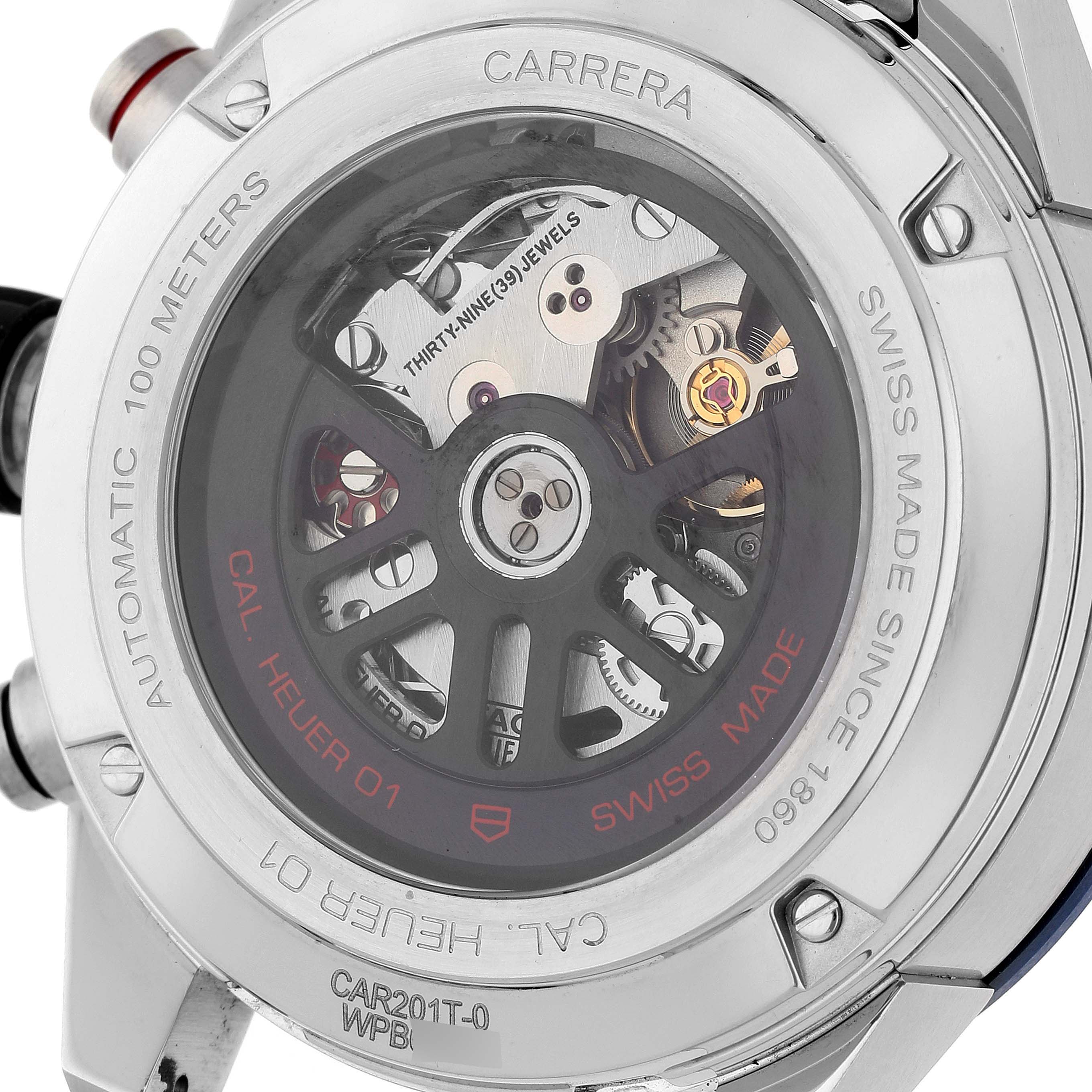 The image shows the back of a Tag Heuer Carrera CAR201T Men's Stainless Steel Blue Dial CAR201T Men's Stainless Steel Blue Dial watch, highlighting the automatic movement and internal mechanics.