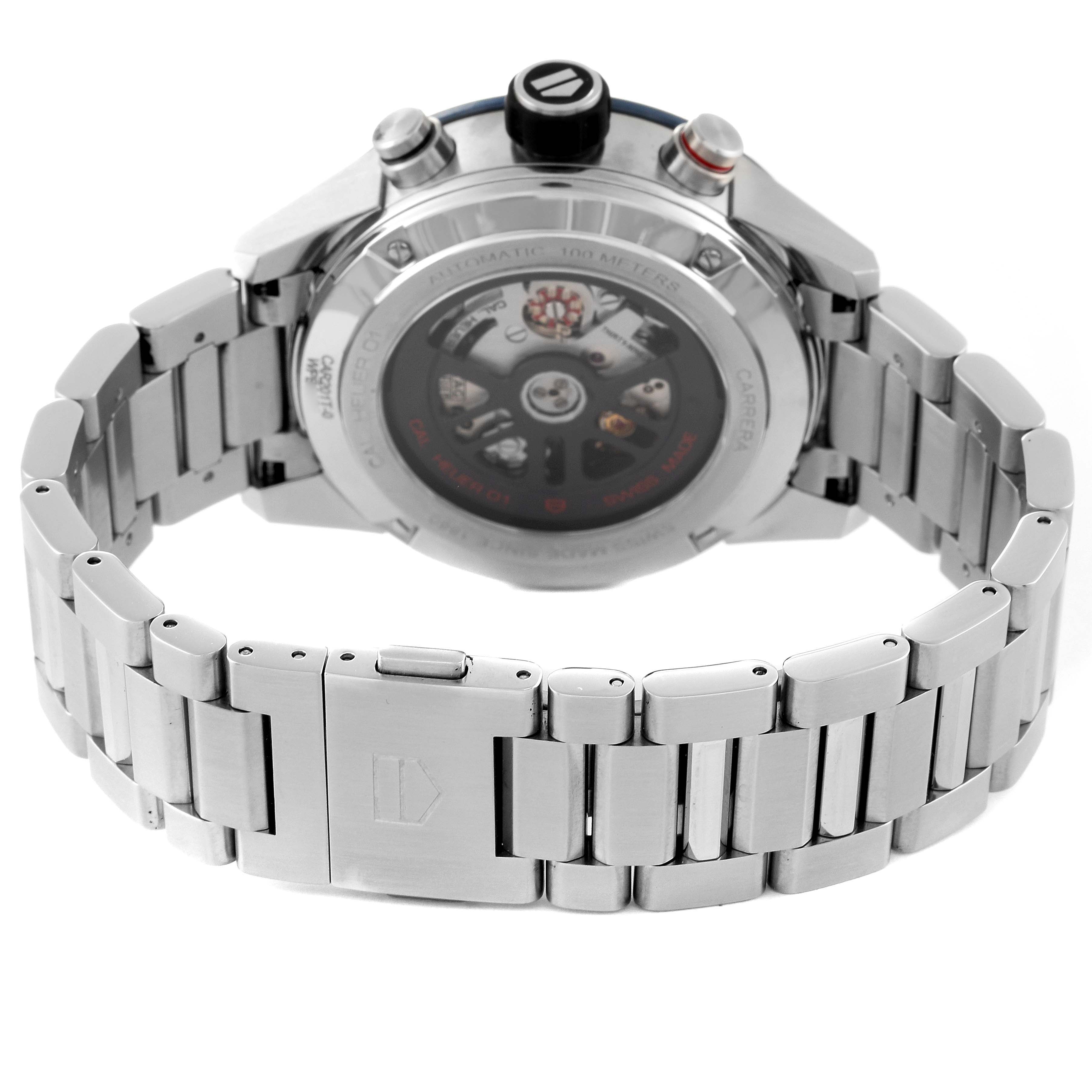 This image shows the rear of a Tag Heuer Carrera CAR201T Men's Stainless Steel Blue Dial CAR201T Men's Stainless Steel Blue Dial watch, focusing on the case back and metal bracelet.