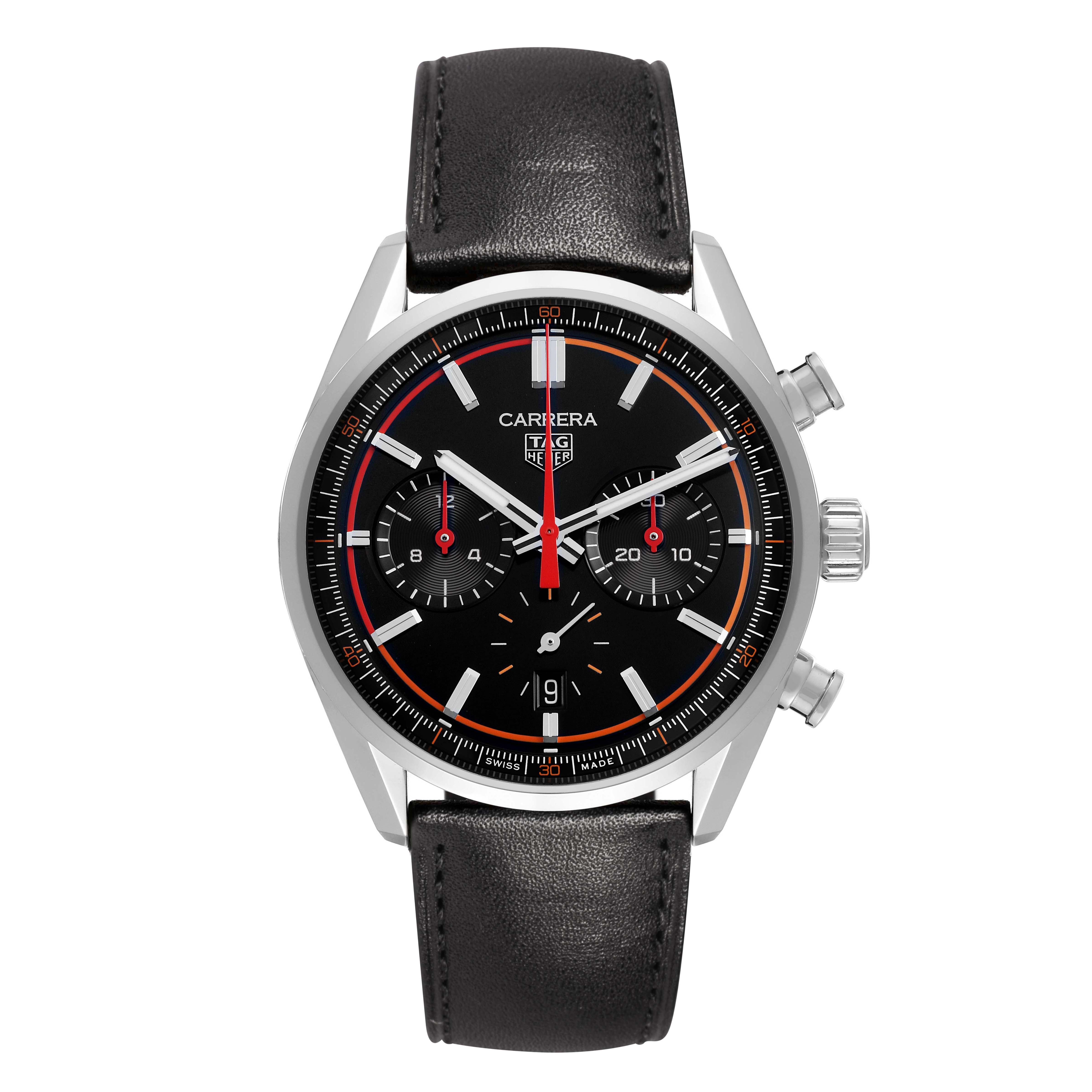 The Tag Heuer Carrera CBN201C.FC6542 Men's Stainless Steel Black Dial watch is shown from a front angle, displaying its black dial, subdials, red accents, and black leather strap.