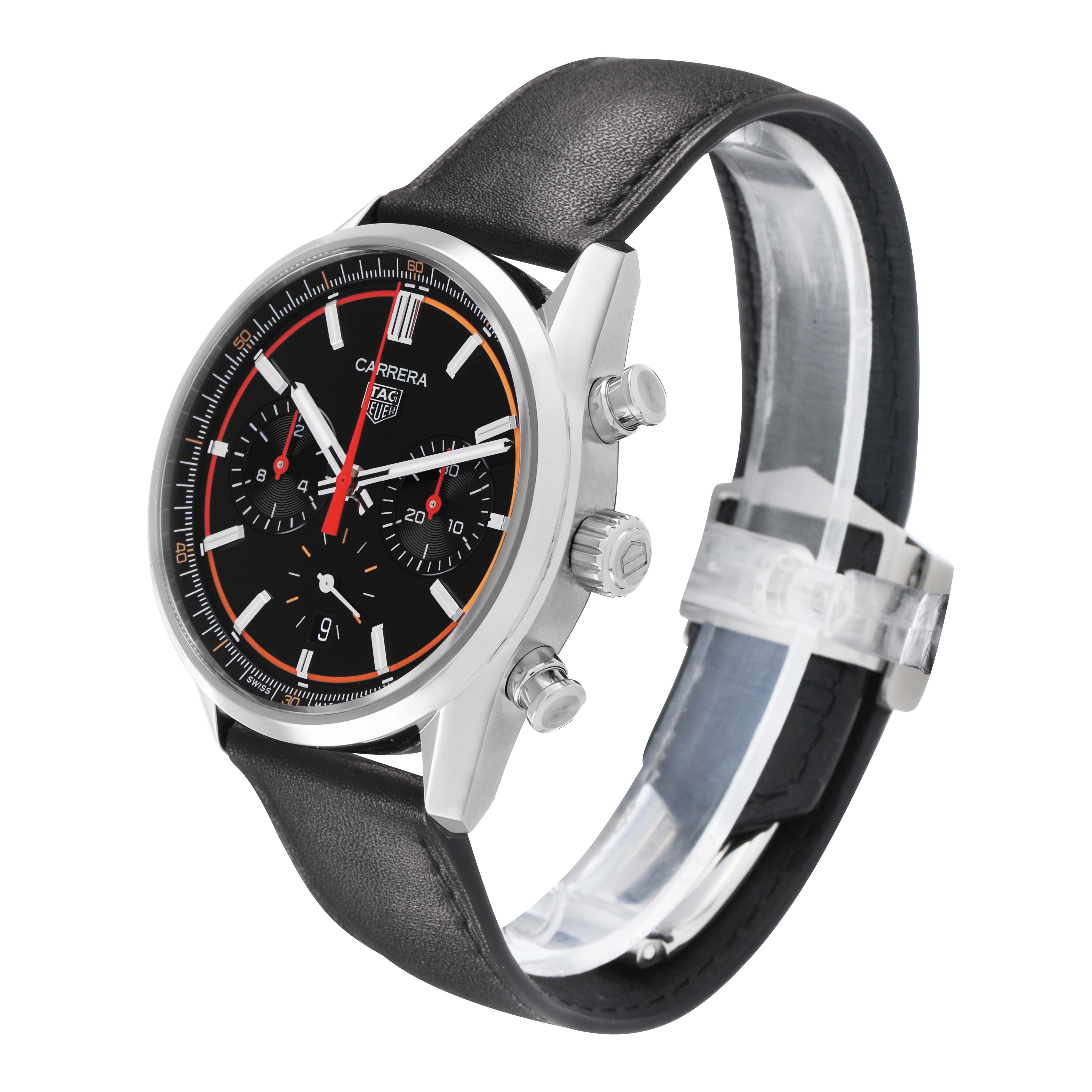 The Tag Heuer Carrera CBN201C.FC6542 Men's Stainless Steel Black Dial watch is shown at a slight angle, highlighting the face, case, pushers, and leather strap.