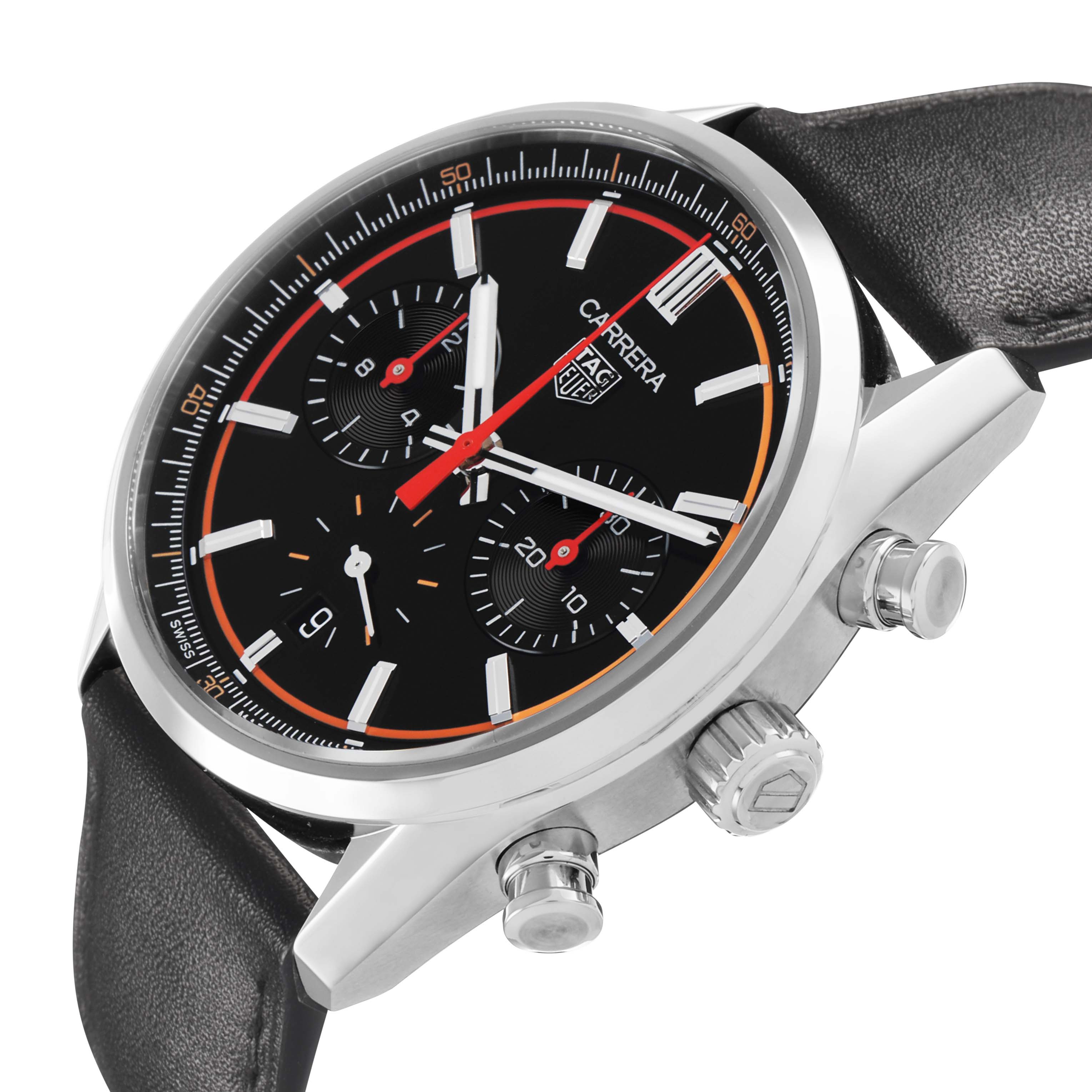 The Tag Heuer Carrera CBN201C.FC6542 Men's Stainless Steel Black Dial watch is shown at an angle highlighting the face, crown, pushers, and black leather strap.