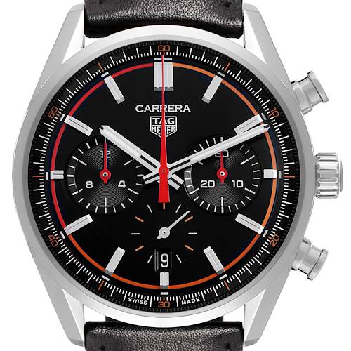 The Tag Heuer Carrera CBN201C.FC6542 Men's Stainless Steel Black Dial watch is shown from the front, displaying the dial, subdials, and crown.