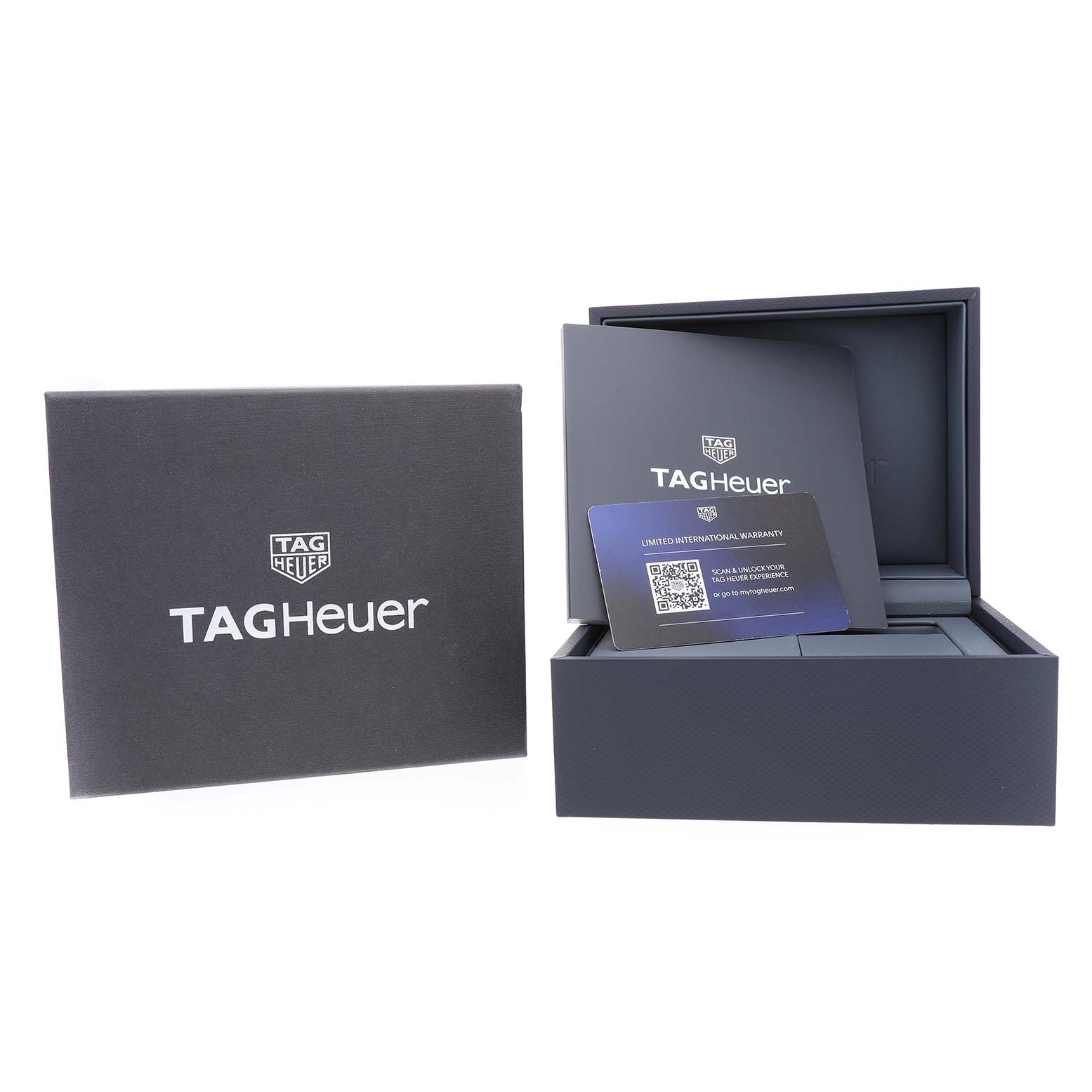 The image shows the packaging and warranty card for a Tag Heuer Carrera CBN201C.FC6542 Men's Stainless Steel Black Dial watch, with an open box and visible card.