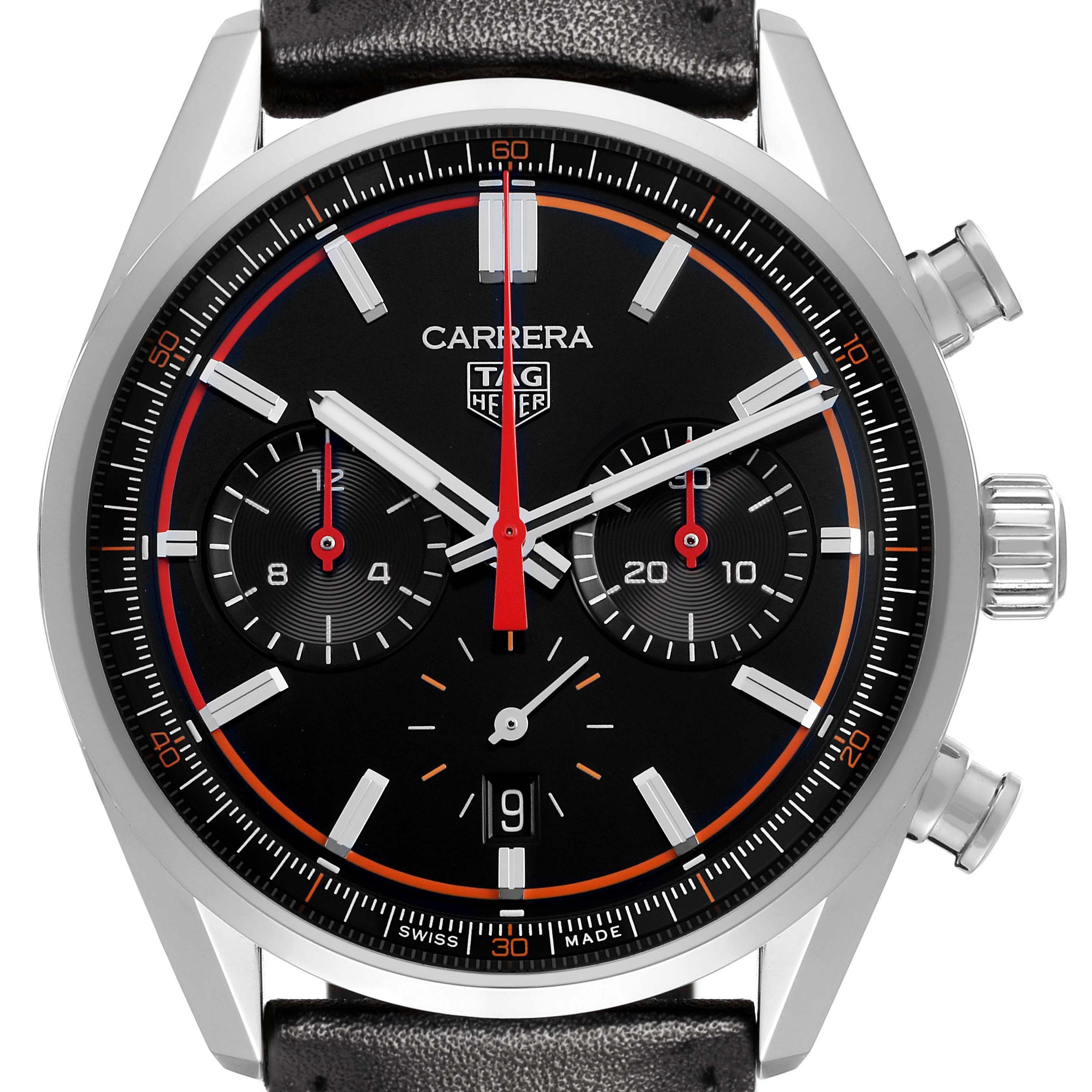 The Tag Heuer Carrera CBN201C.FC6542 Men's Stainless Steel Black Dial watch is shown from the front, highlighting the dial, subdials, hands, and pushers.