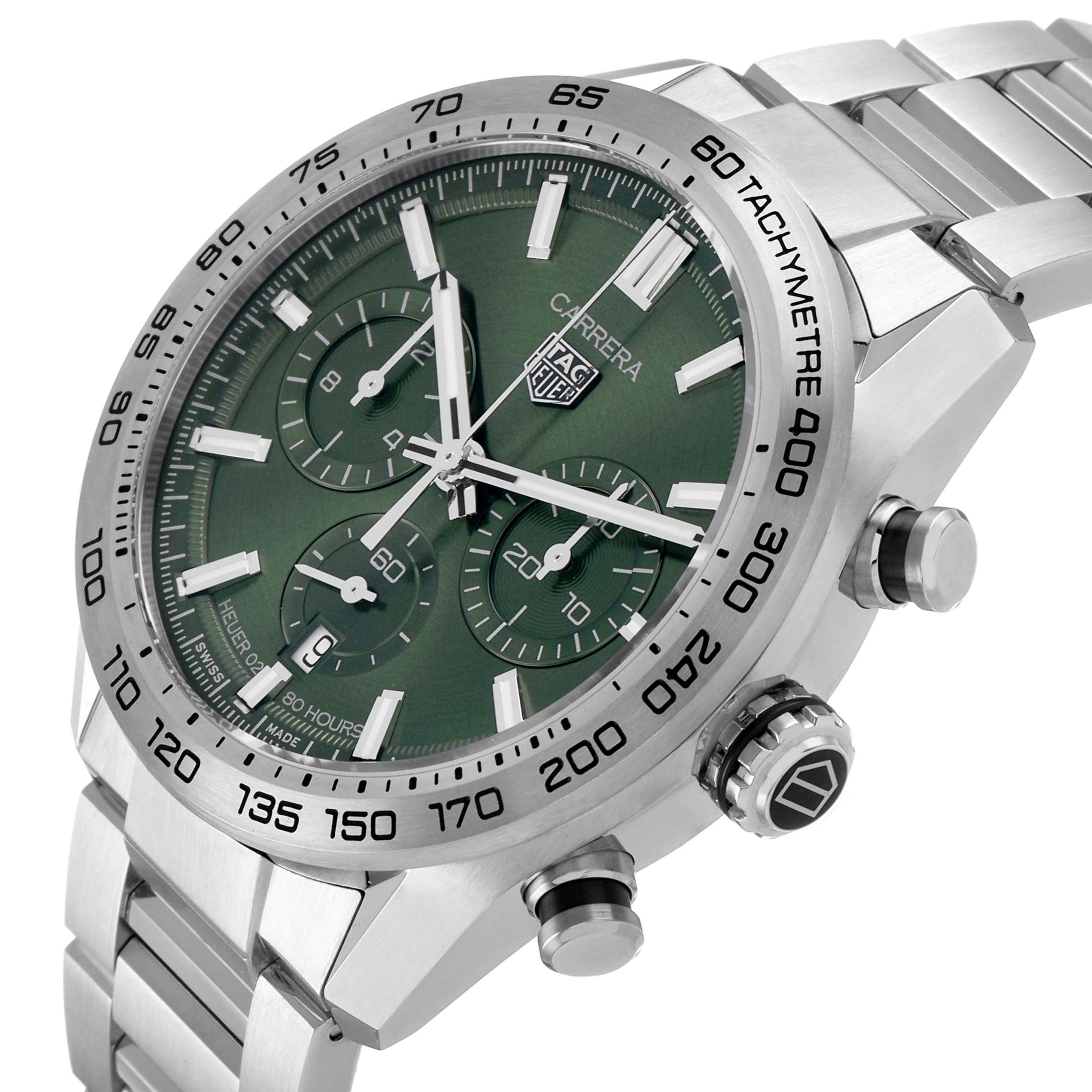 The Tag Heuer Carrera CBN2A10.BA0643 Men's Stainless Steel Green Dial watch is shown at an angled side view, highlighting its green dial, chronograph subdials, bezel, and stainless steel bracelet.