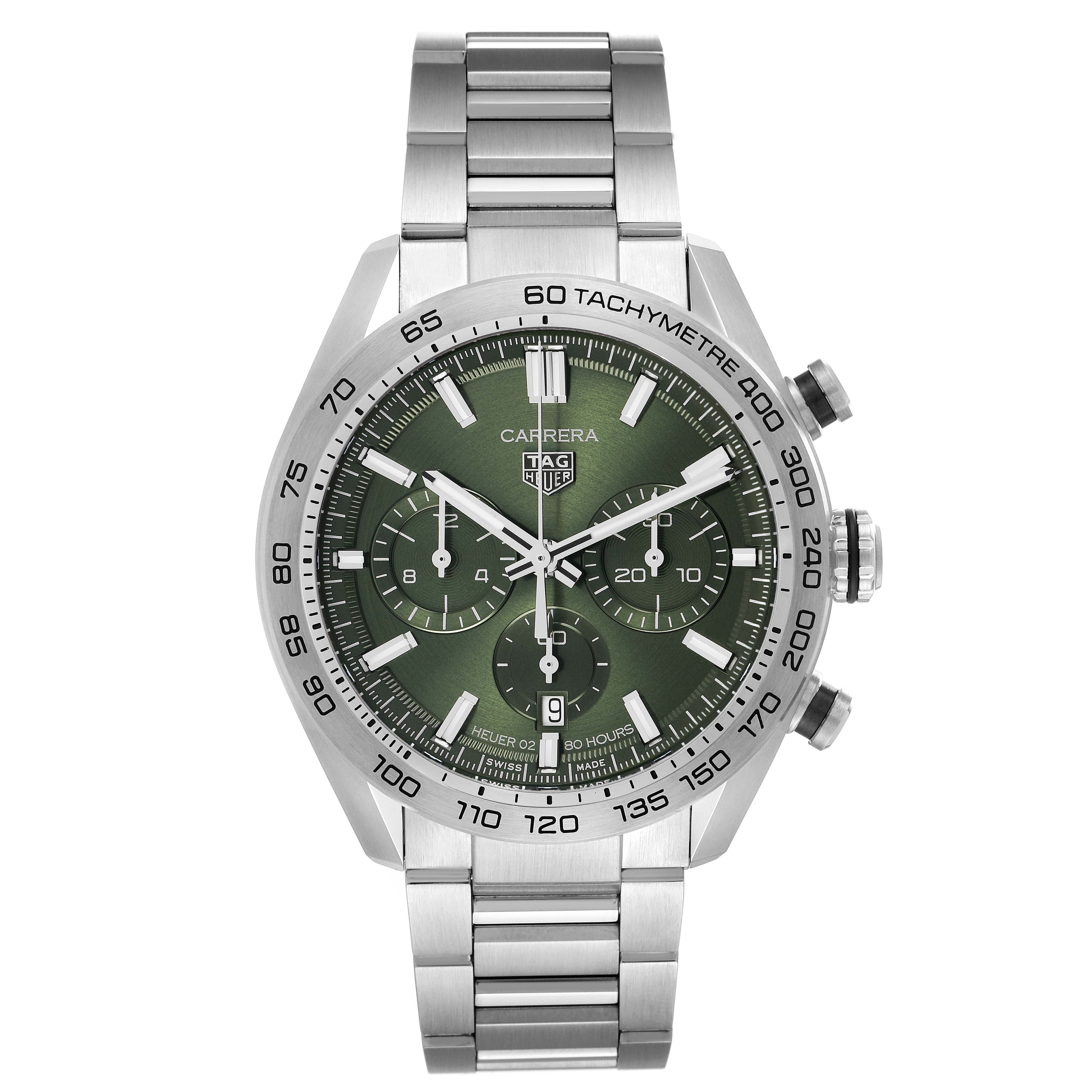 The Tag Heuer Carrera CBN2A10.BA0643 Men's Stainless Steel Green Dial watch is shown from a front angle, highlighting its green dial, chronograph subdials, and metallic bracelet.