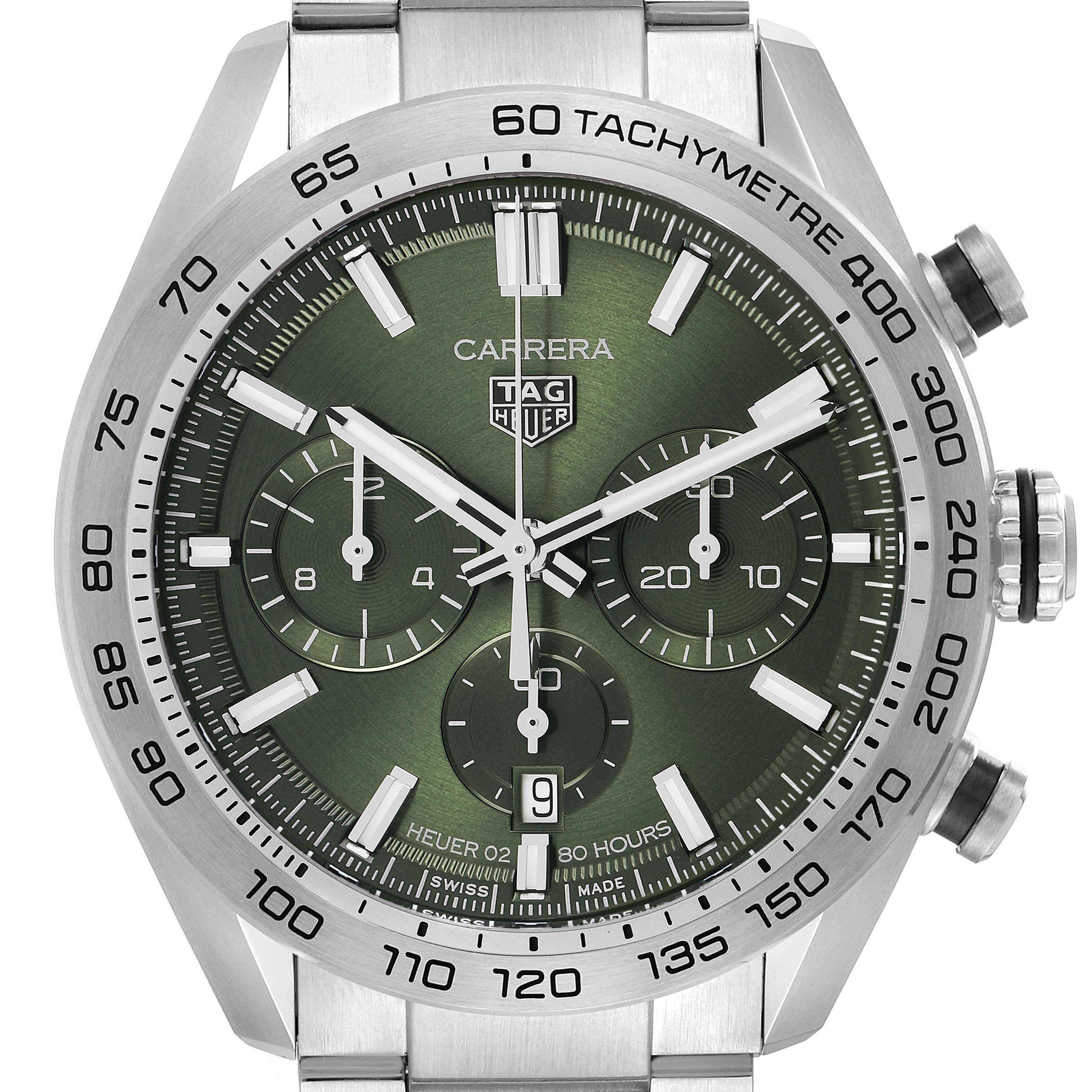 The image shows a front view of the Tag Heuer Carrera CBN2A10.BA0643 Men's Stainless Steel Green Dial watch, highlighting its green dial, chronograph sub-dials, and tachymeter bezel.