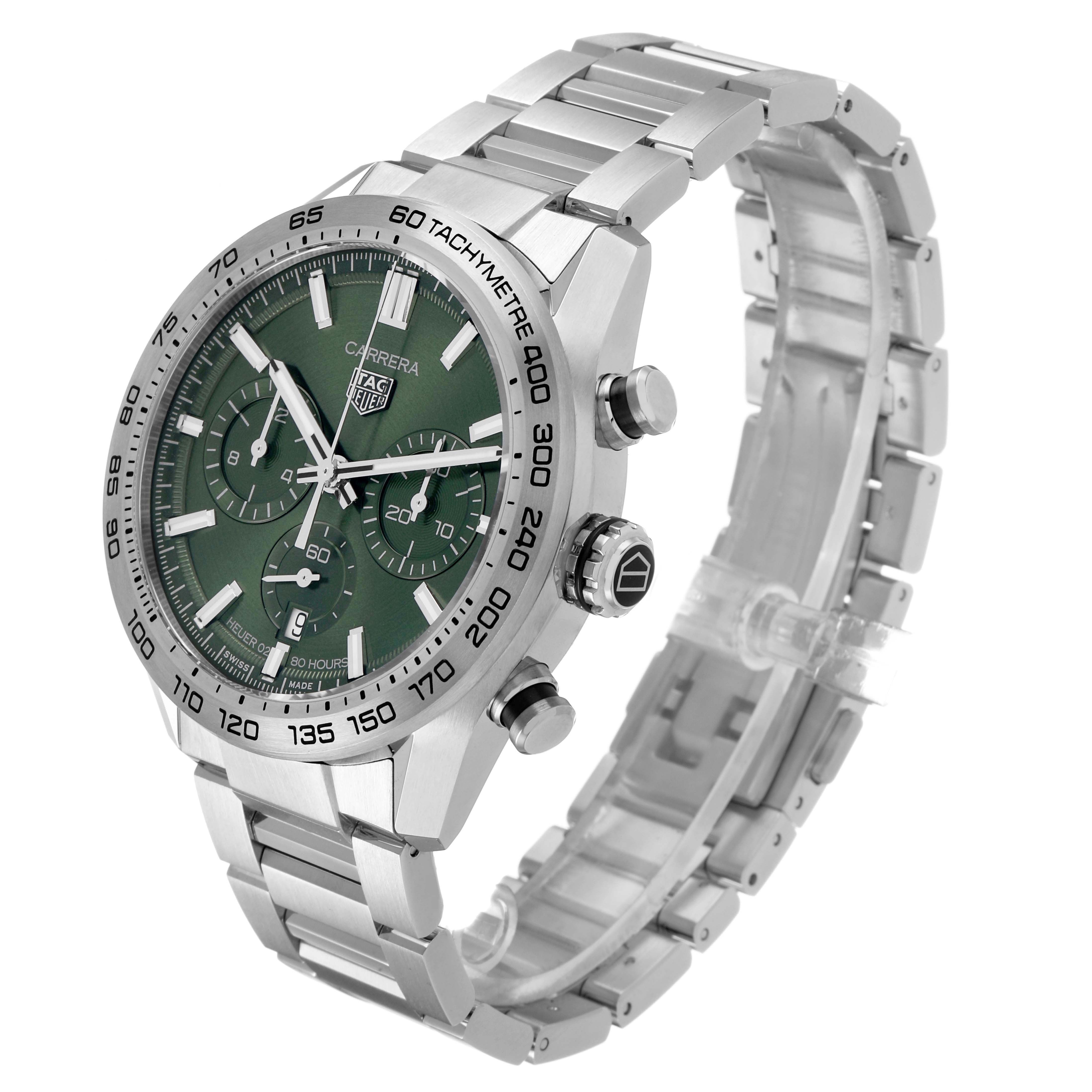The image shows a Tag Heuer Carrera CBN2A10.BA0643 Men's Stainless Steel Green Dial watch at a 3/4 angle, highlighting the face, bezel, crown, and bracelet.