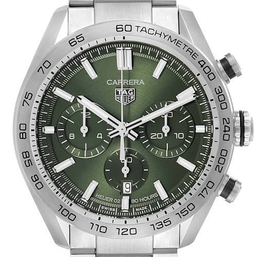 The Tag Heuer Carrera CBN2A10.BA0643 Men's Stainless Steel Green Dial watch is shown at a front angle, highlighting its green dial and chronograph subdials.