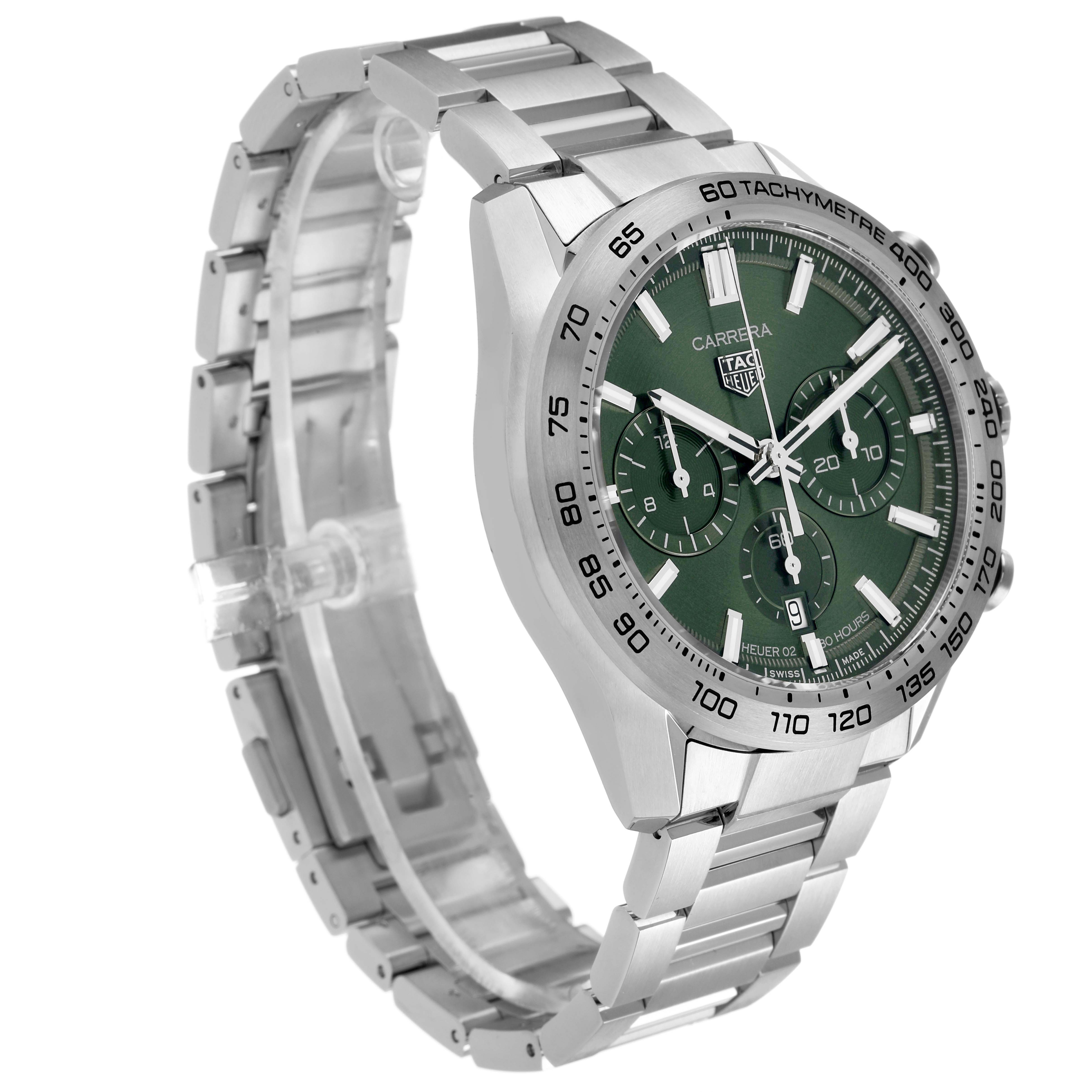 The image shows a Tag Heuer Carrera CBN2A10.BA0643 Men's Stainless Steel Green Dial watch at a three-quarter angle, highlighting the green dial, tachymeter bezel, and metal bracelet.