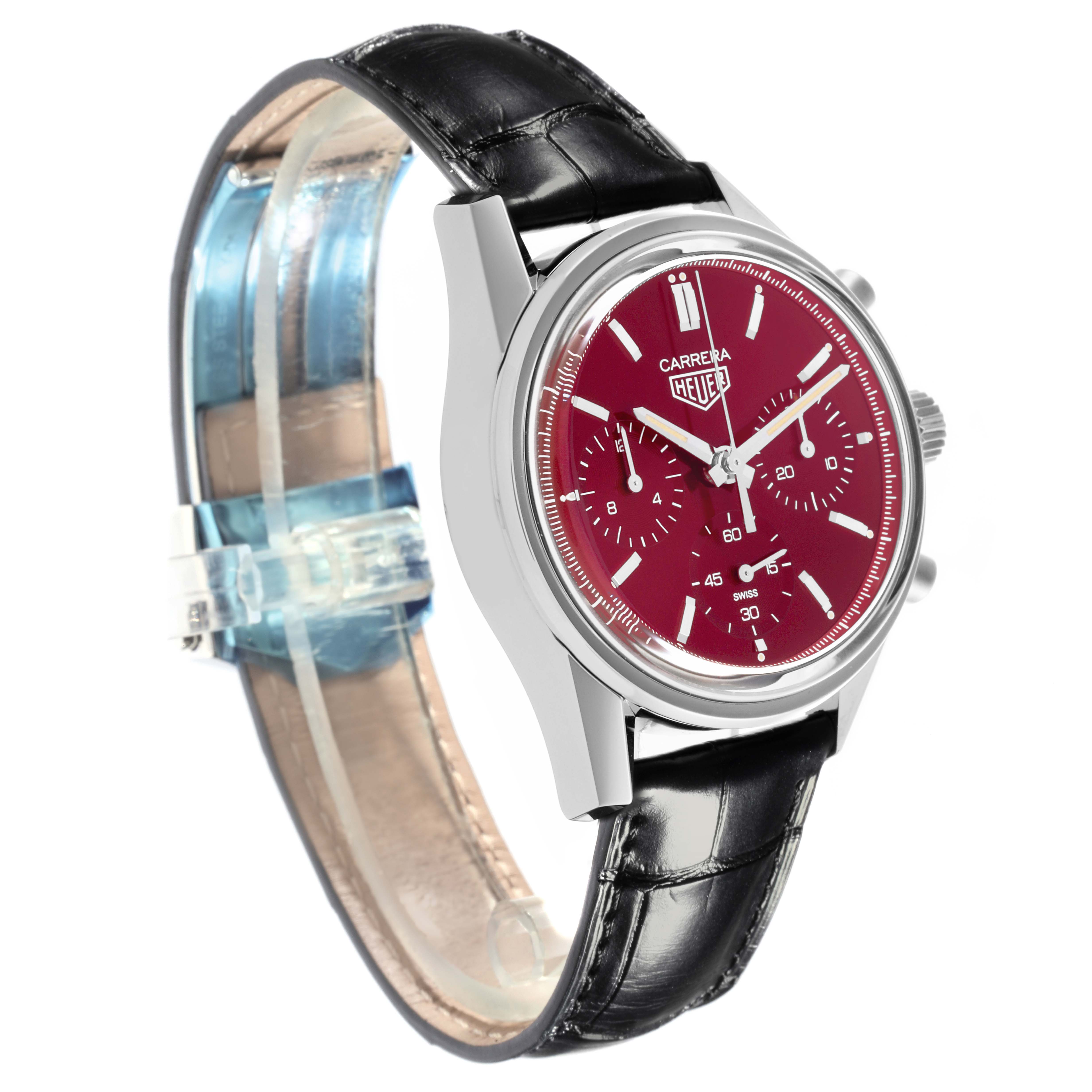 The Tag Heuer Carrera CBK221G.FC6479 Men's Stainless Steel Red Dial CBK221G.FC6479 Men's Stainless Steel Red Dial watch is shown at a three-quarter angle, displaying the face, bezel, crown, and leather strap.