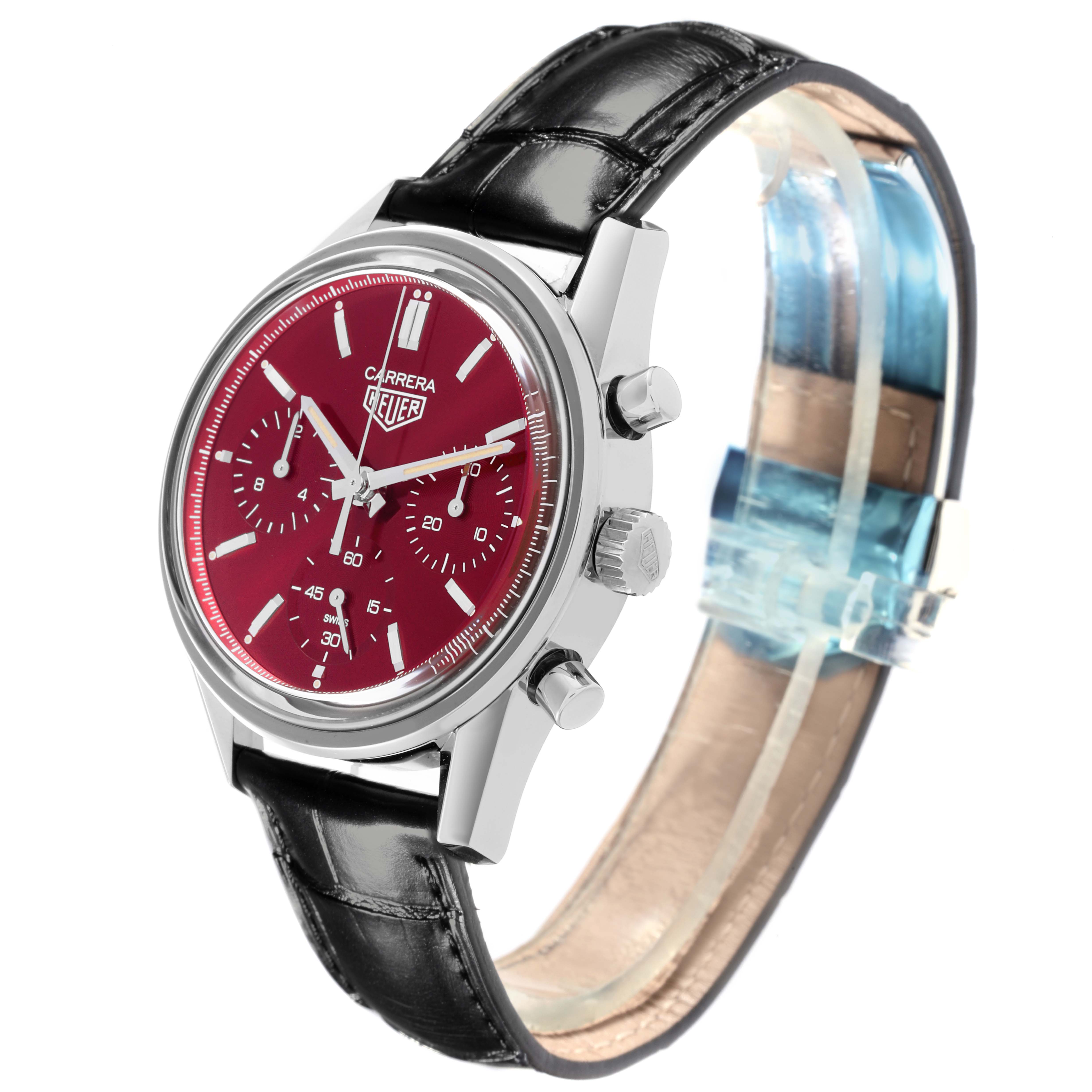 The image shows a Tag Heuer Carrera CBK221G.FC6479 Men's Stainless Steel Red Dial CBK221G.FC6479 Men's Stainless Steel Red Dial watch from a side angle, highlighting the red dial, chronograph subdials, crown, and black leather strap.