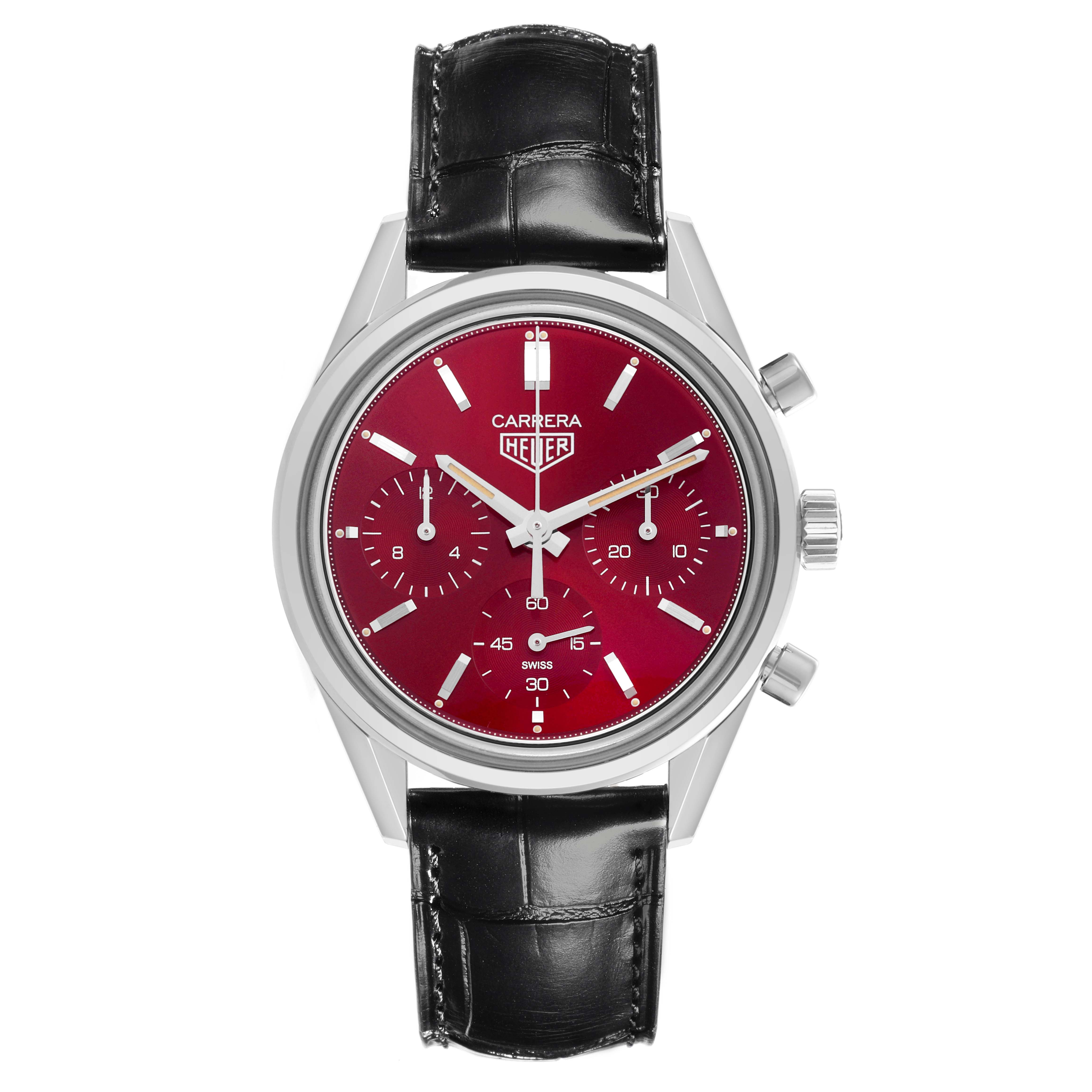 The Tag Heuer Carrera CBK221G.FC6479 Men's Stainless Steel Red Dial CBK221G.FC6479 Men's Stainless Steel Red Dial watch is shown from a front angle, highlighting the red dial and black leather strap.